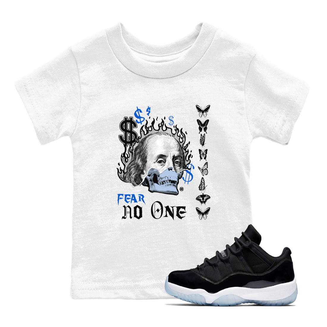 Air Jordan 11 Space shirt to match jordans Fear No One sneaker tees 11s Black and Varsity Royal SNRT sneaker release tees baby toddler White 1 cotton Shirt
