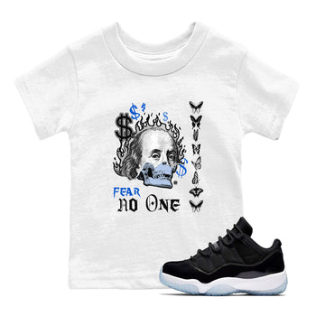 Air Jordan 11 Space shirt to match jordans Fear No One sneaker tees 11s Black and Varsity Royal SNRT sneaker release tees baby toddler White 1 cotton Shirt