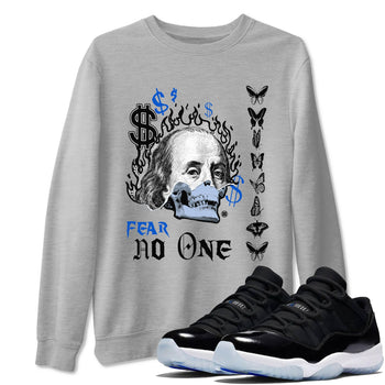 Air Jordan 11 Space shirt to match jordans Fear No One sneaker tees 11s Black and Varsity Royal SNRT sneaker Release Tees unisex cotton Heather Grey 1 crew neck shirt