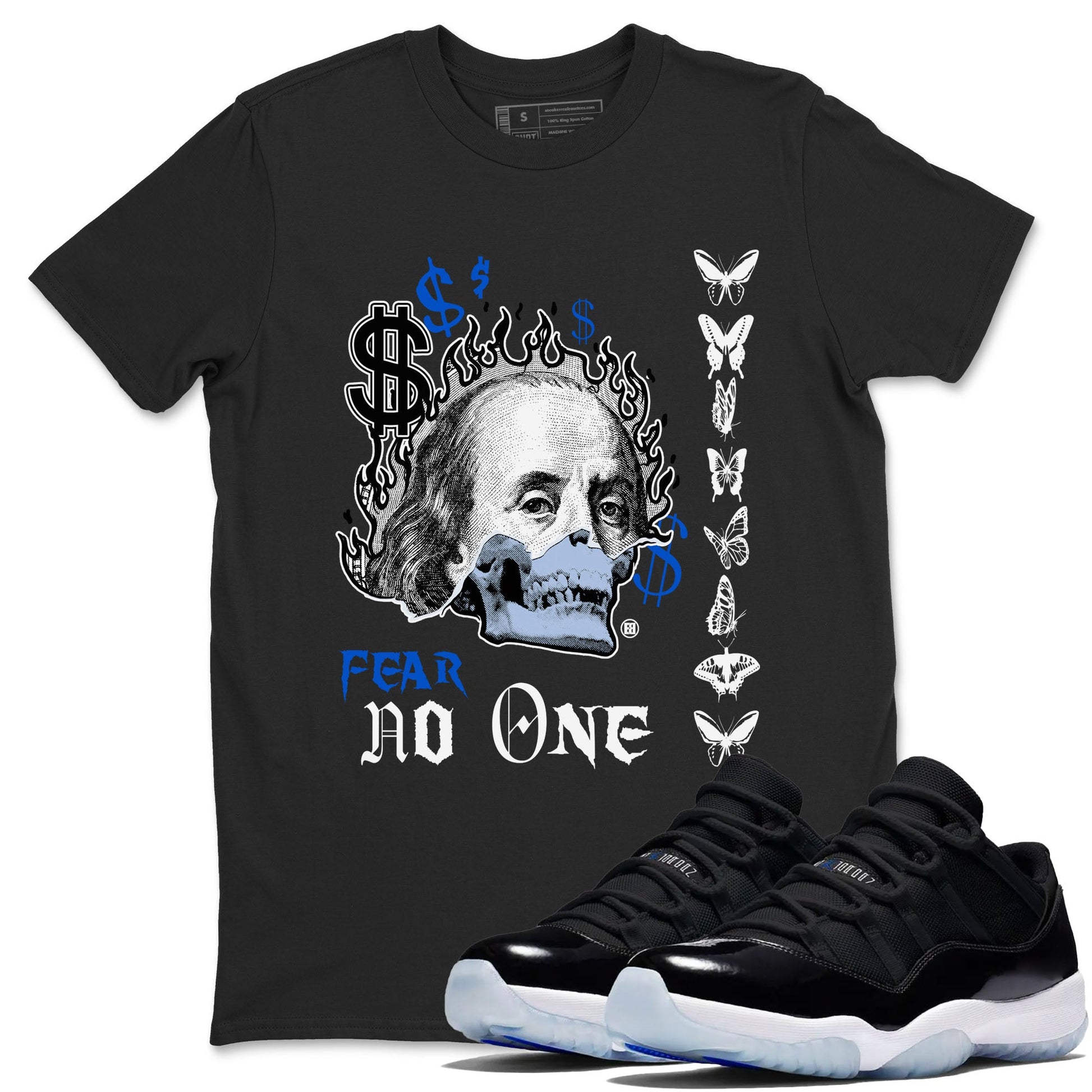 Air Jordan 11 Space shirt to match jordans Fear No One sneaker tees 11s Black and Varsity Royal SNRT sneaker Release Tees unisex cotton Black 1 crew neck shirt