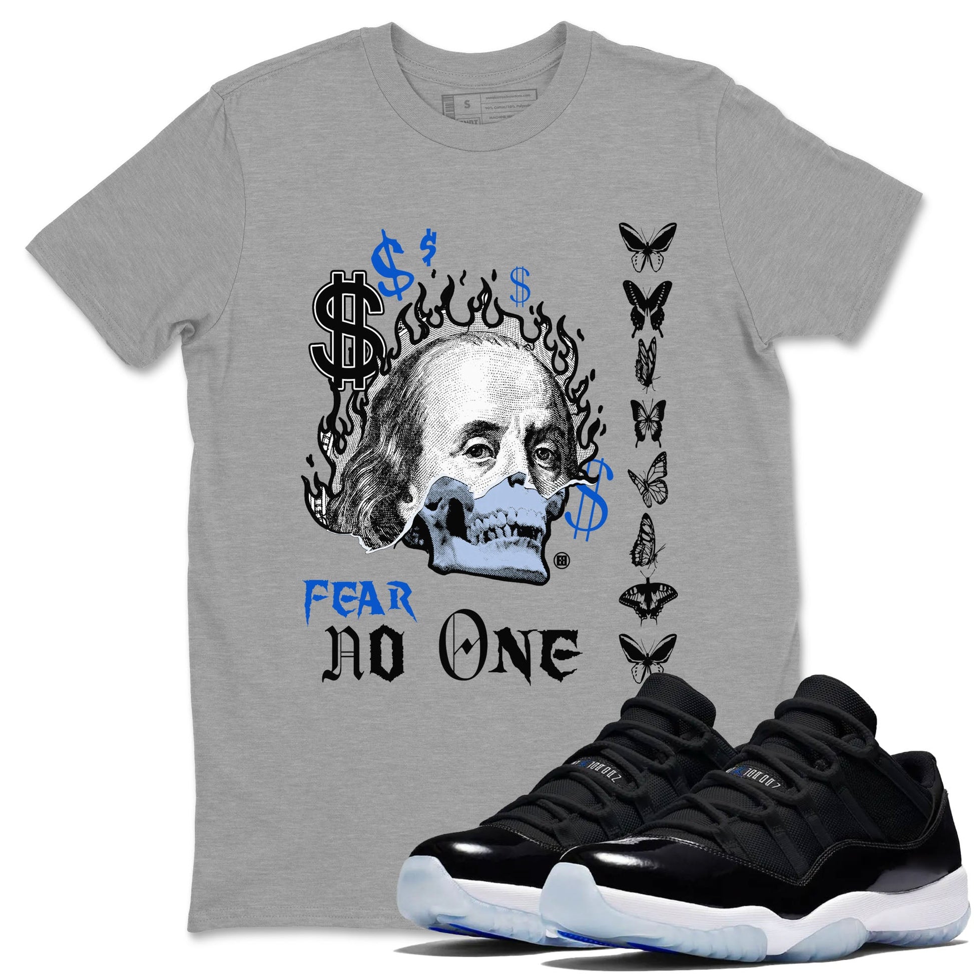 Air Jordan 11 Space shirt to match jordans Fear No One sneaker tees 11s Black and Varsity Royal SNRT sneaker Release Tees unisex cotton Heather Grey 1 crew neck shirt