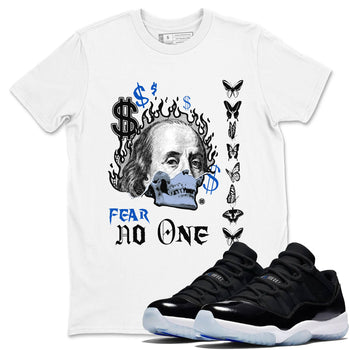 Air Jordan 11 Space shirt to match jordans Fear No One sneaker tees 11s Black and Varsity Royal SNRT sneaker Release Tees unisex cotton White 1 crew neck shirt