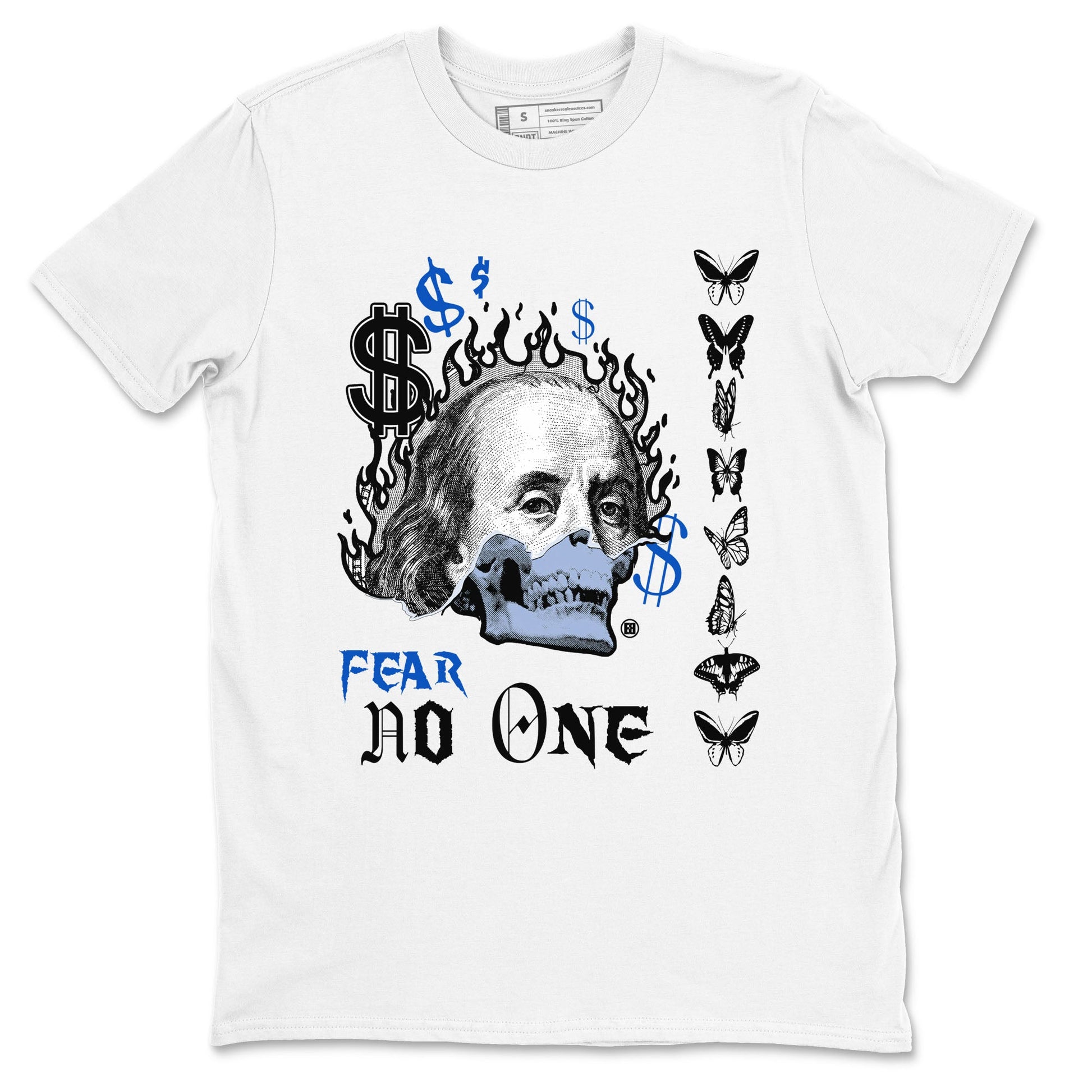 Air Jordan 11 Space shirt to match jordans Fear No One sneaker tees 11s Black and Varsity Royal SNRT sneaker Release Tees unisex cotton White 2 crew neck shirt