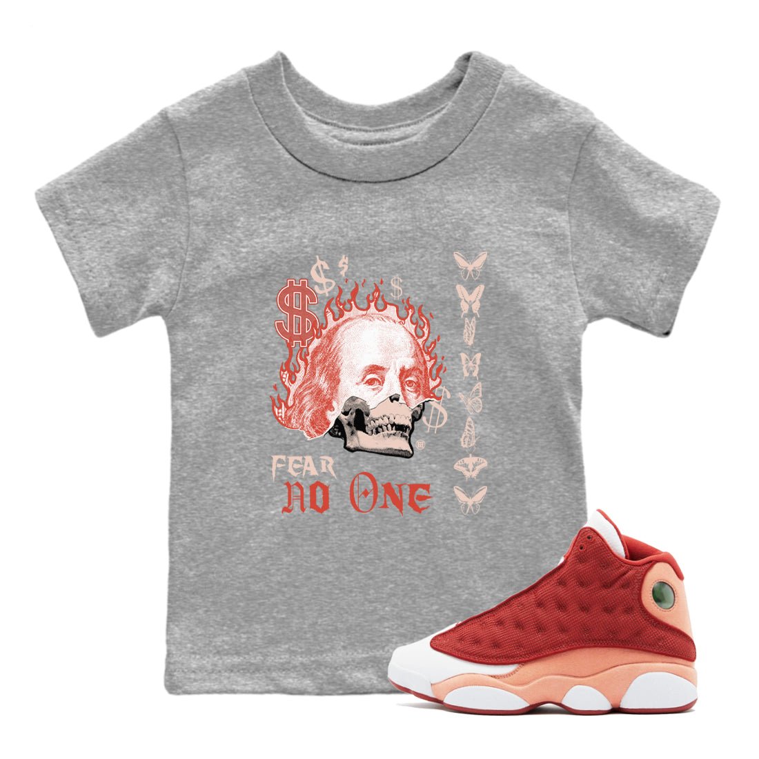 13s Dune Red shirts to match jordans Fear No One sneaker match tees Air Jordan 13 Dune Red SNRT Sneaker Tees streetwear brand Baby and Youth Heather Grey 1 cotton tee
