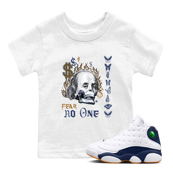13s Midnight Navy shirts to match jordans Fear No One sneaker match tees Air Jordan 13 Midnight Navy SNRT Sneaker Release Tees Youth Baby White 1 crew neck shirts