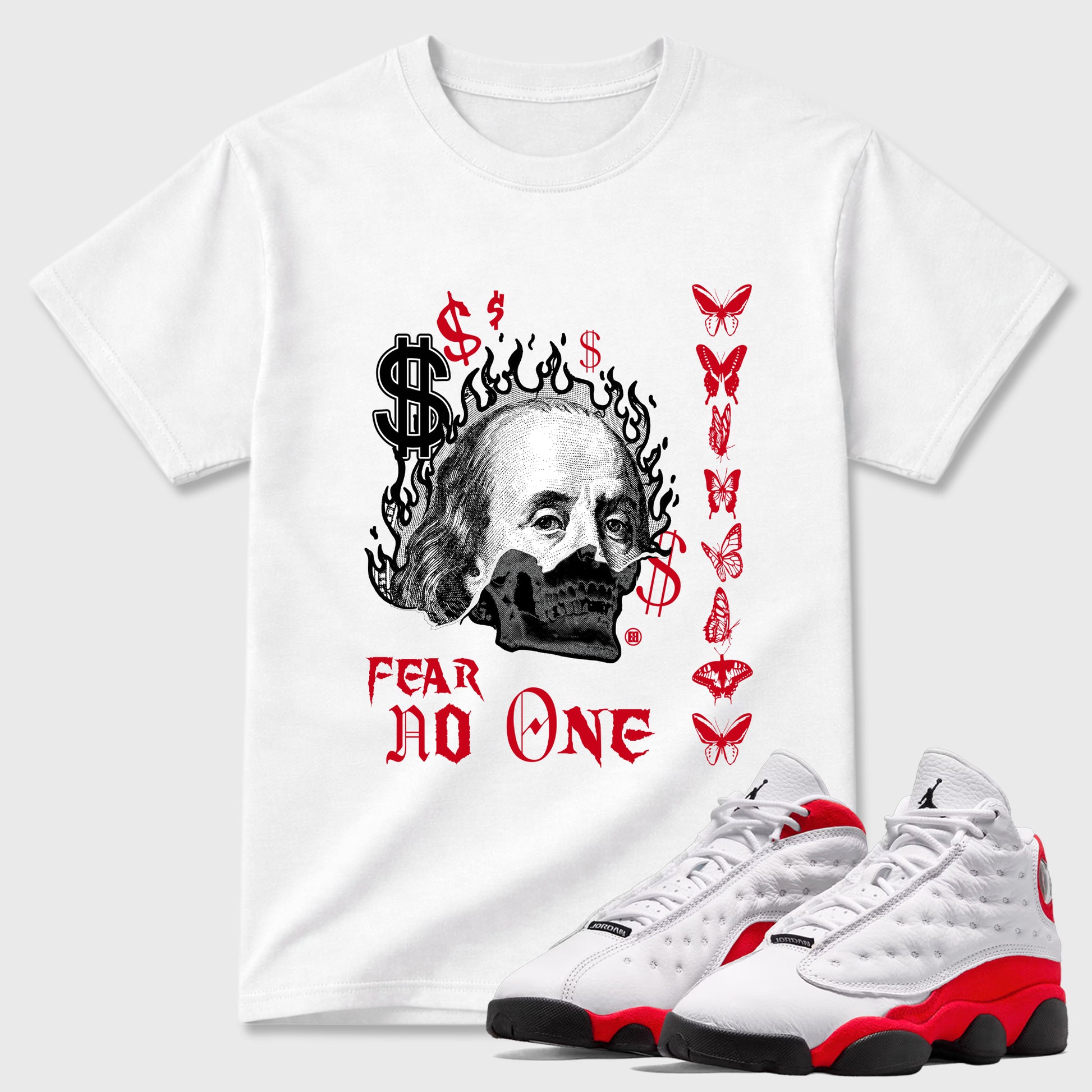 Sneaker match tees – Sneaker Tees To Match Air Jordan 13 University Red Shoes – Fear No One Tee White 1