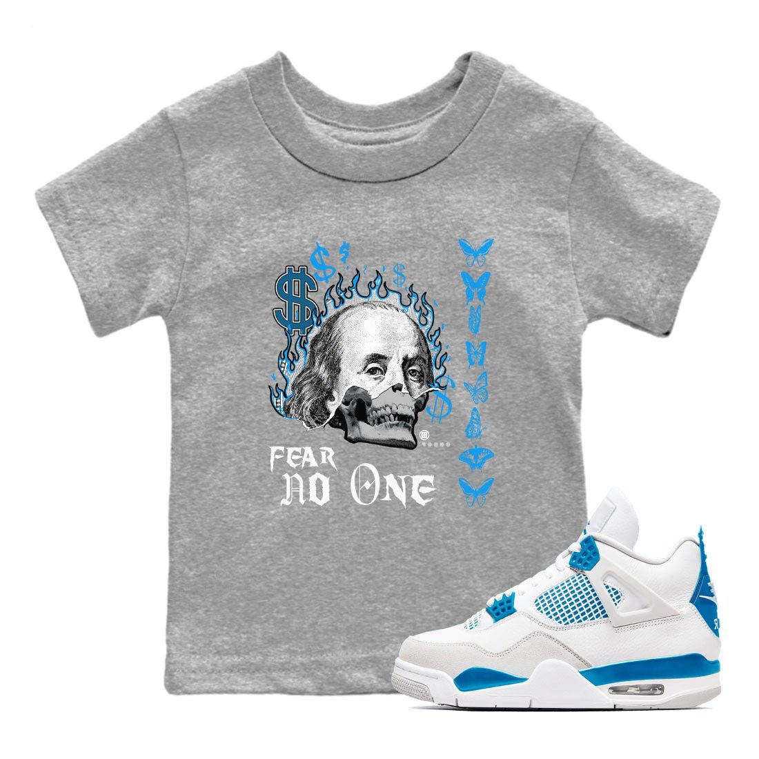 AJ4 Military Blue shirt to match jordans Fear No One sneaker tees Air Jordan 4 Military Blue SNRT sneaker release tees baby toddler Heather Grey 1 cotton Shirt
