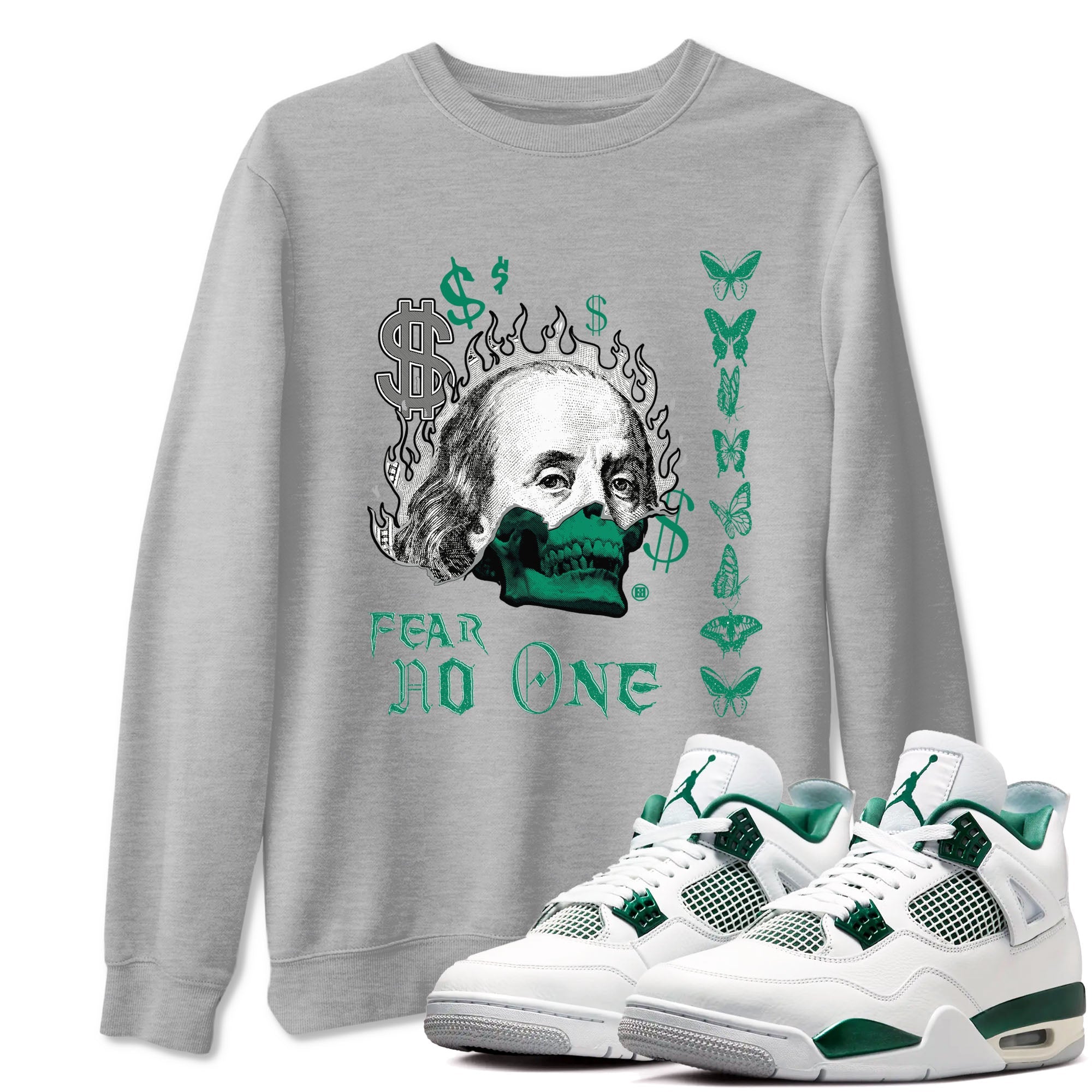 4s Oxidized Green shirts to match jordans Fear No One sneaker match tees Air Jordan 4 Oxidized Green SNRT Sneaker Tees streetwear brand Heather Grey 1 unisex cotton tee