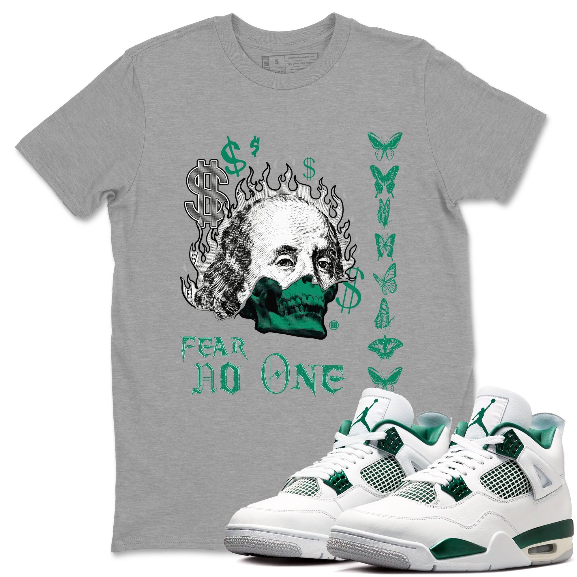 4s Oxidized Green shirts to match jordans Fear No One sneaker match tees Air Jordan 4 Oxidized Green SNRT Sneaker Tees streetwear brand Heather Grey 1 unisex cotton tee