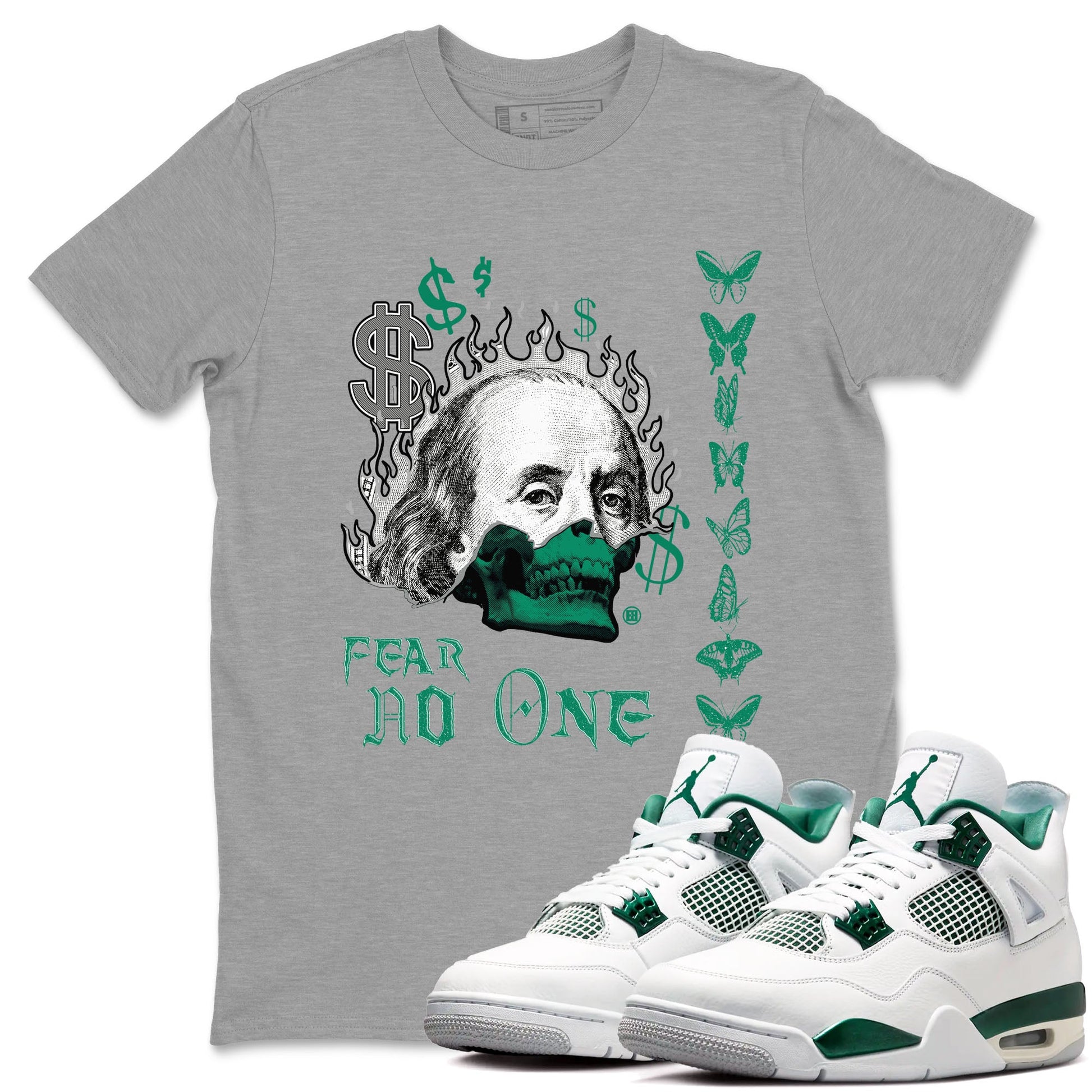 4s Oxidized Green shirts to match jordans Fear No One sneaker match tees Air Jordan 4 Oxidized Green SNRT Sneaker Tees streetwear brand Heather Grey 1 unisex cotton tee