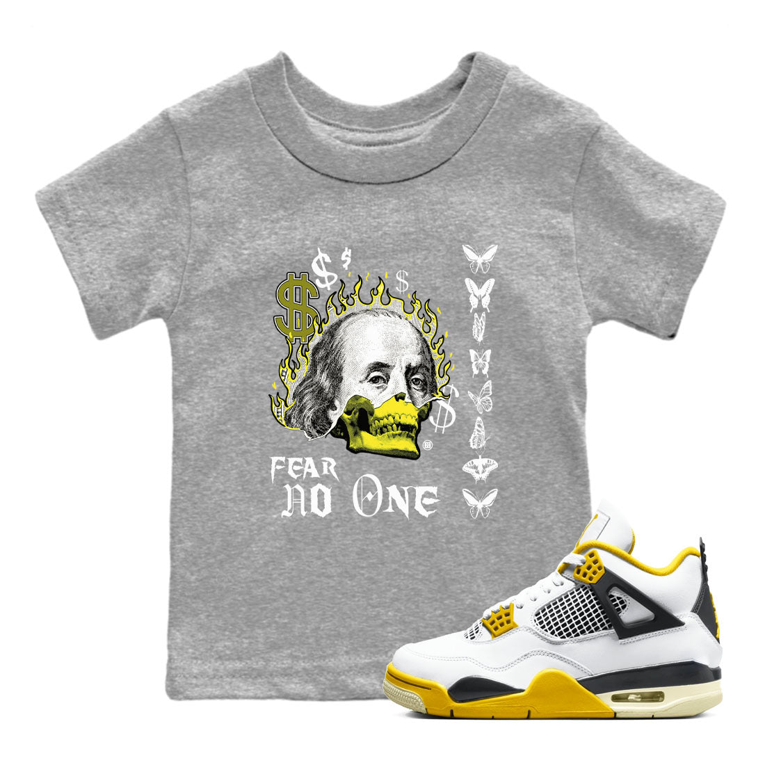 4s Vivid Sulfur shirt to match jordans Fear No One sneaker tees Air Jordan 4 Vivid Sulfur SNRT sneaker release tees baby toddler Heather Grey 1 cotton Shirt