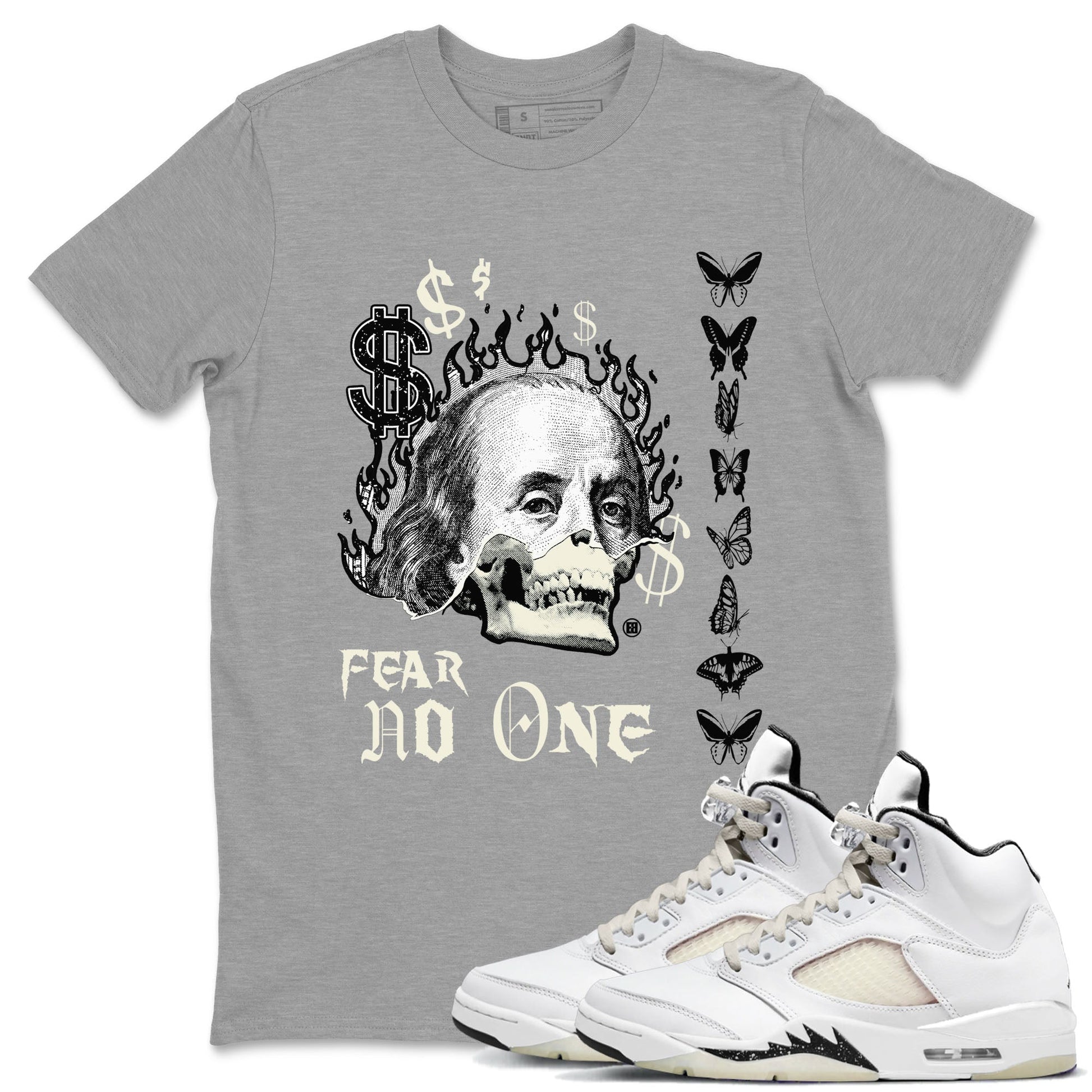 Air Jordan 5 Retro Sail shirt to match jordans Fear No One sneaker tees AJ5 Sail SNRT sneaker Release Tees unisex cotton Heather Grey 1 crew neck shirt