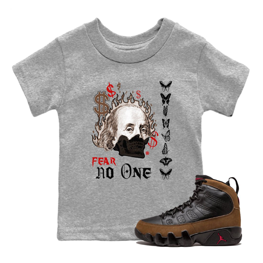 9s Olive shirts to match jordans Fear No One sneaker match tees Air Jordan 9 Olive match shoes to clothes SNRT Sneaker Tees Youth Baby Heather Grey 1 tee