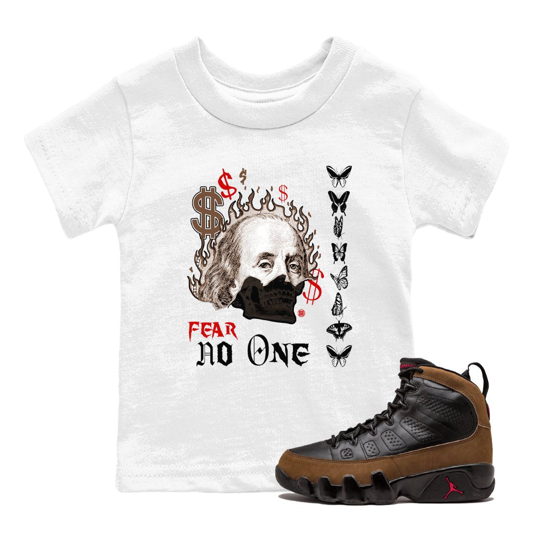 9s Olive shirts to match jordans Fear No One sneaker match tees Air Jordan 9 Olive match shoes to clothes SNRT Sneaker Tees Youth Baby White 1 tee