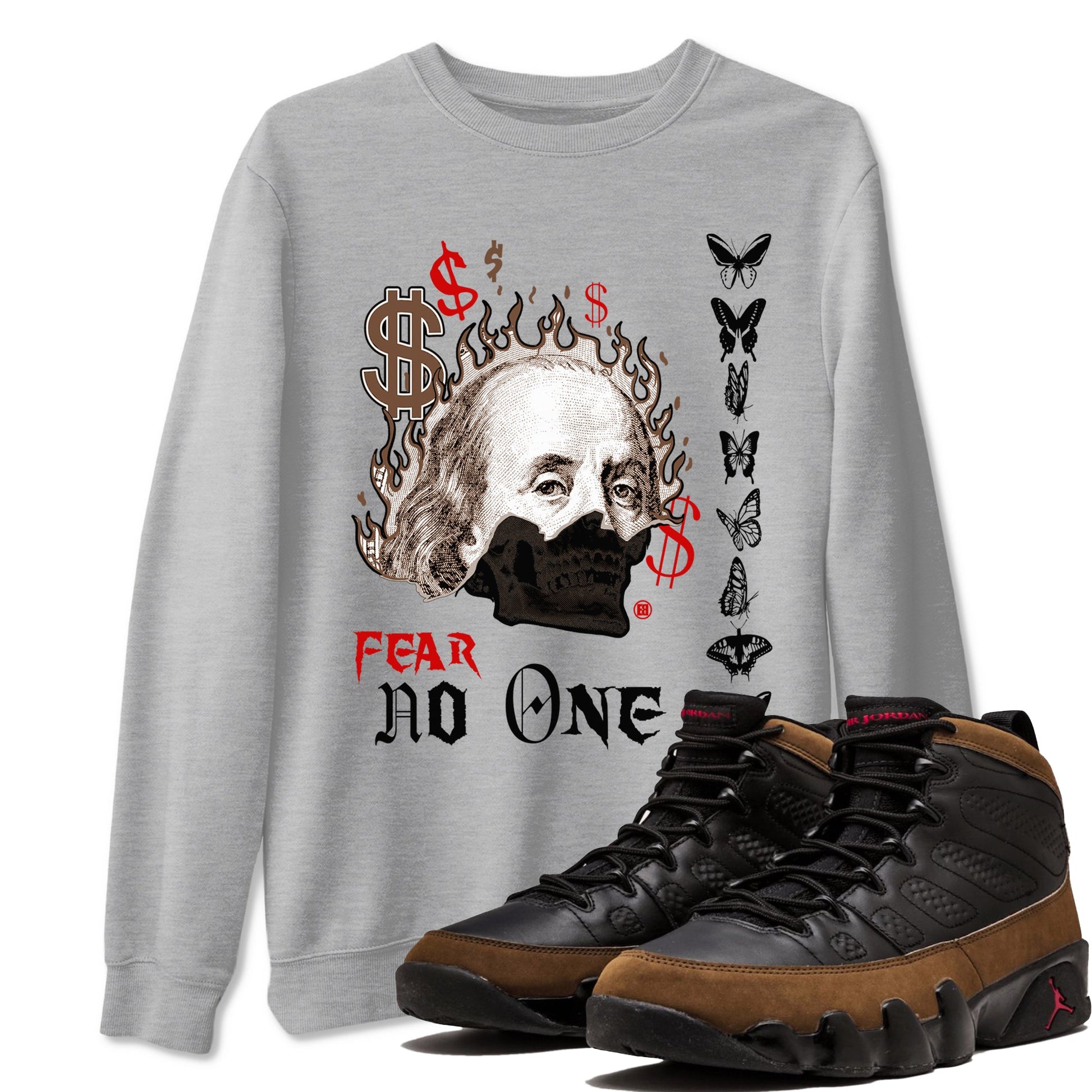 9s Olive shirts to match jordans Fear No One sneaker match tees Air Jordan 9 Olive match shoes to clothes SNRT Sneaker Tees unisex cotton Heather Grey 1 shirts