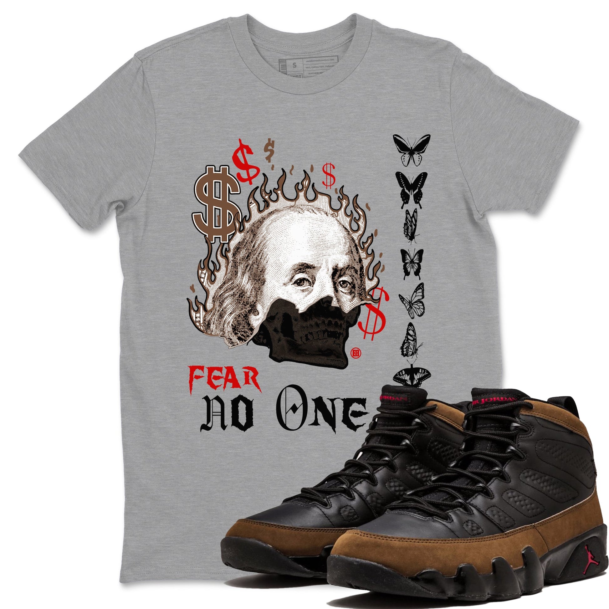 9s Olive shirts to match jordans Fear No One sneaker match tees Air Jordan 9 Olive match shoes to clothes SNRT Sneaker Tees unisex cotton Heather Grey 1 shirts