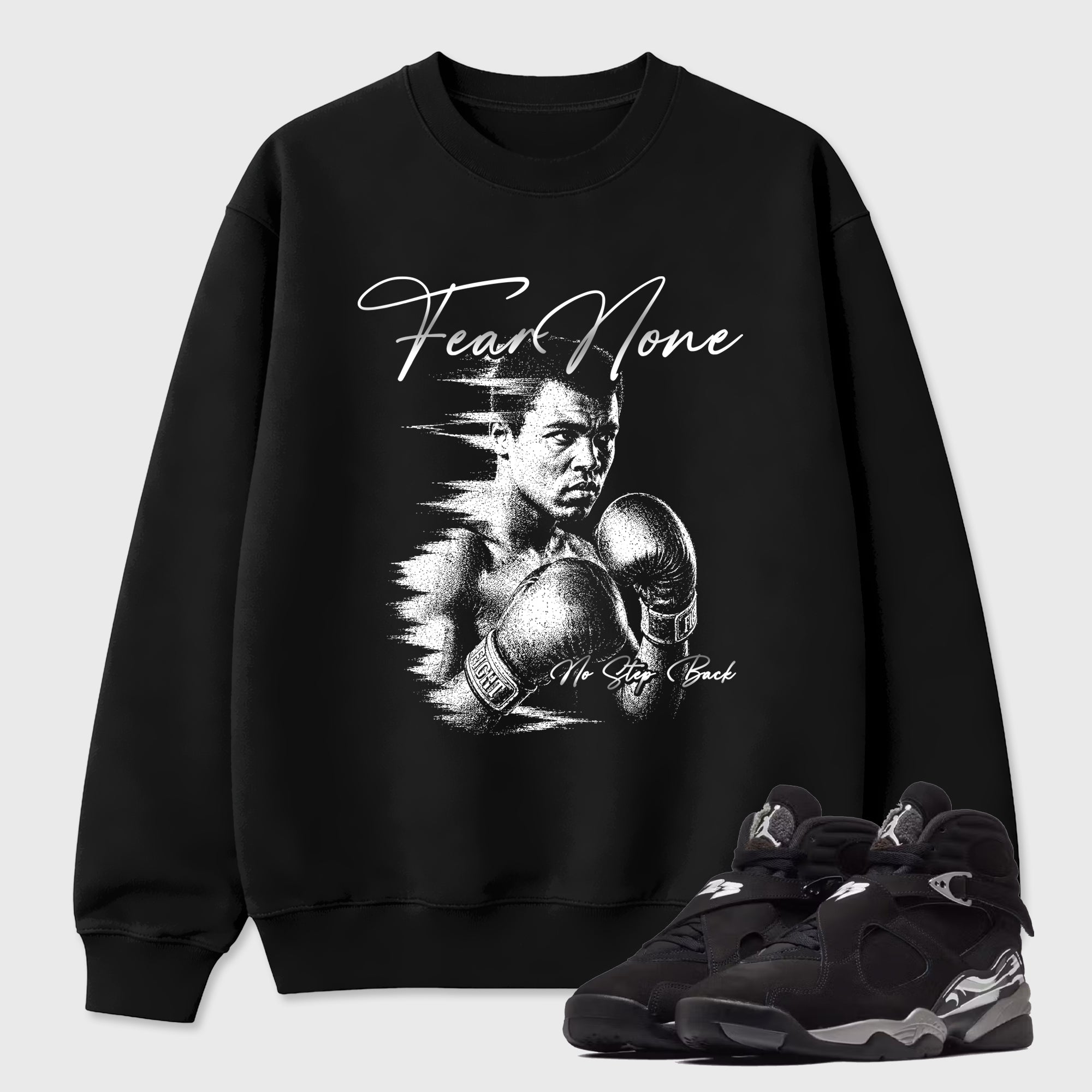 Fear None Graphic T-Shirt featuring original streetwear artwork designed to match the Air Jordan 8 Chrome. Black 1 Graphic Tee.