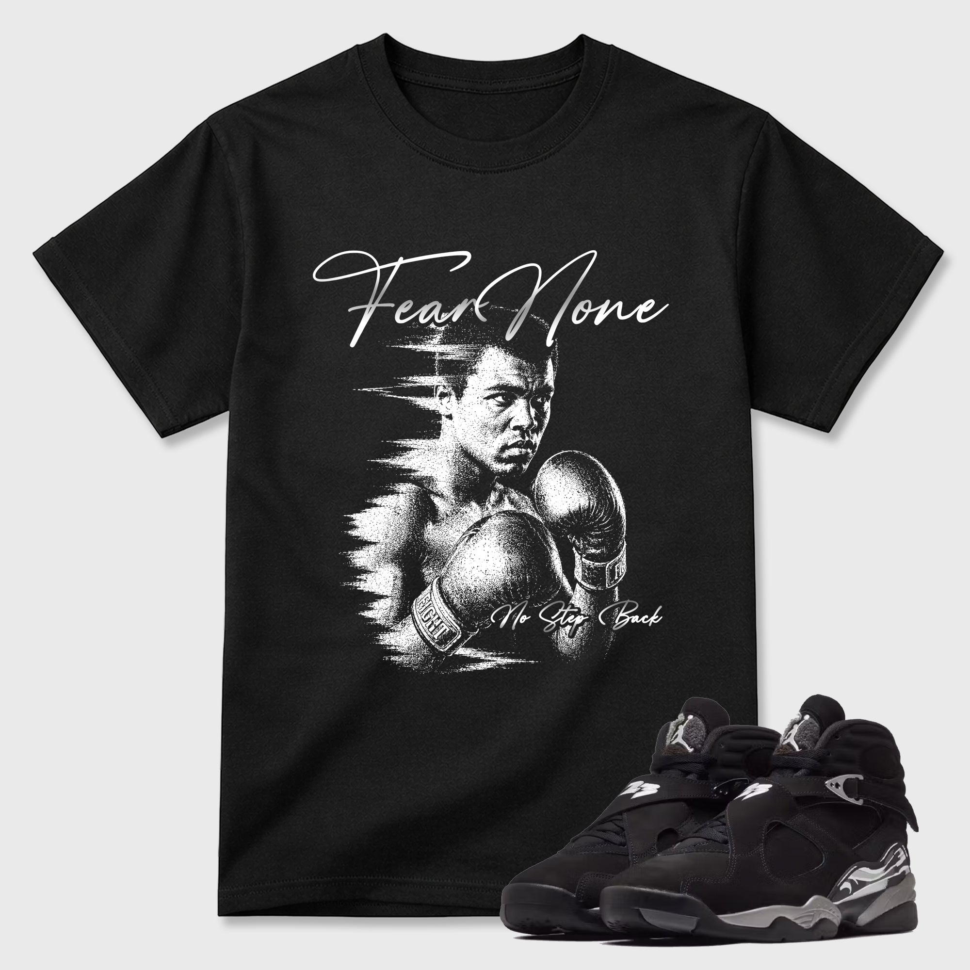 Fear None Graphic T-Shirt featuring original streetwear artwork designed to match the Air Jordan 8 Chrome. Black 1 Graphic T-Shirt.