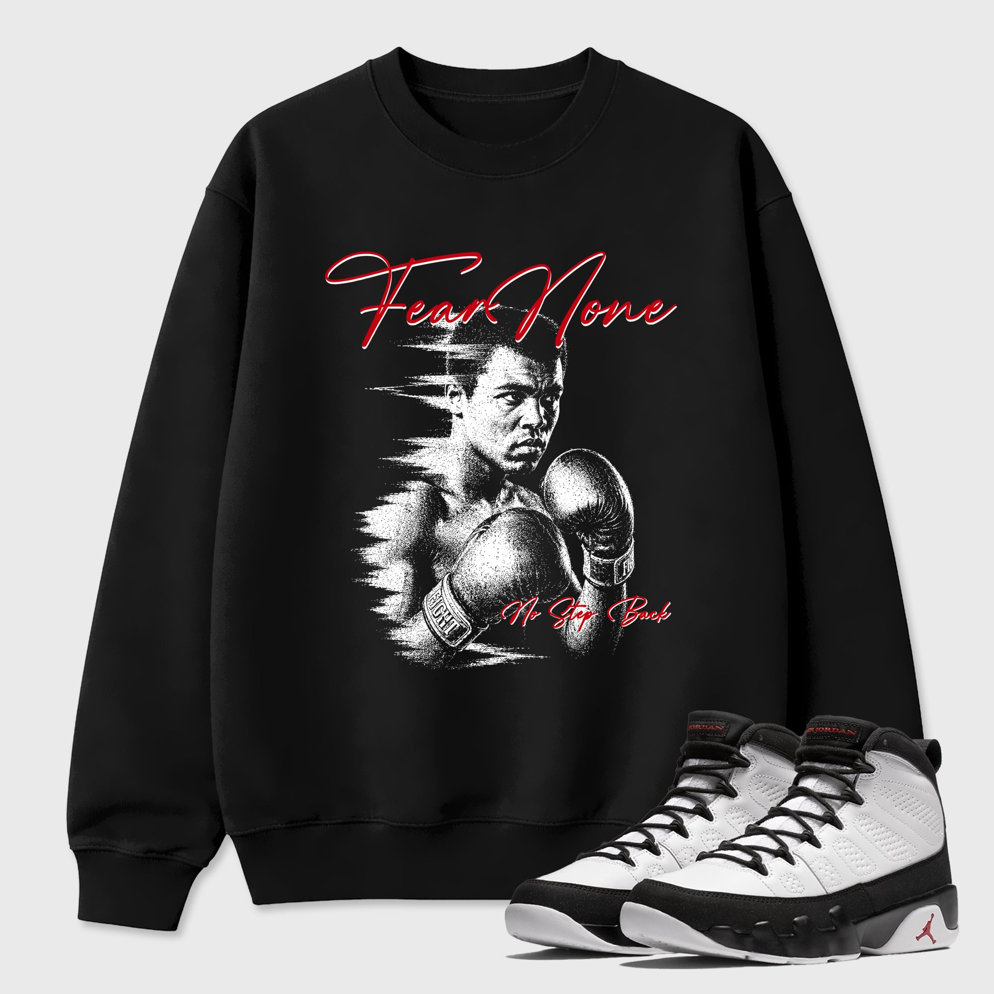 Fear None Graphic T-Shirt featuring original streetwear artwork designed to match the Air Jordan 9 True Red. Black 1 Graphic Tee.