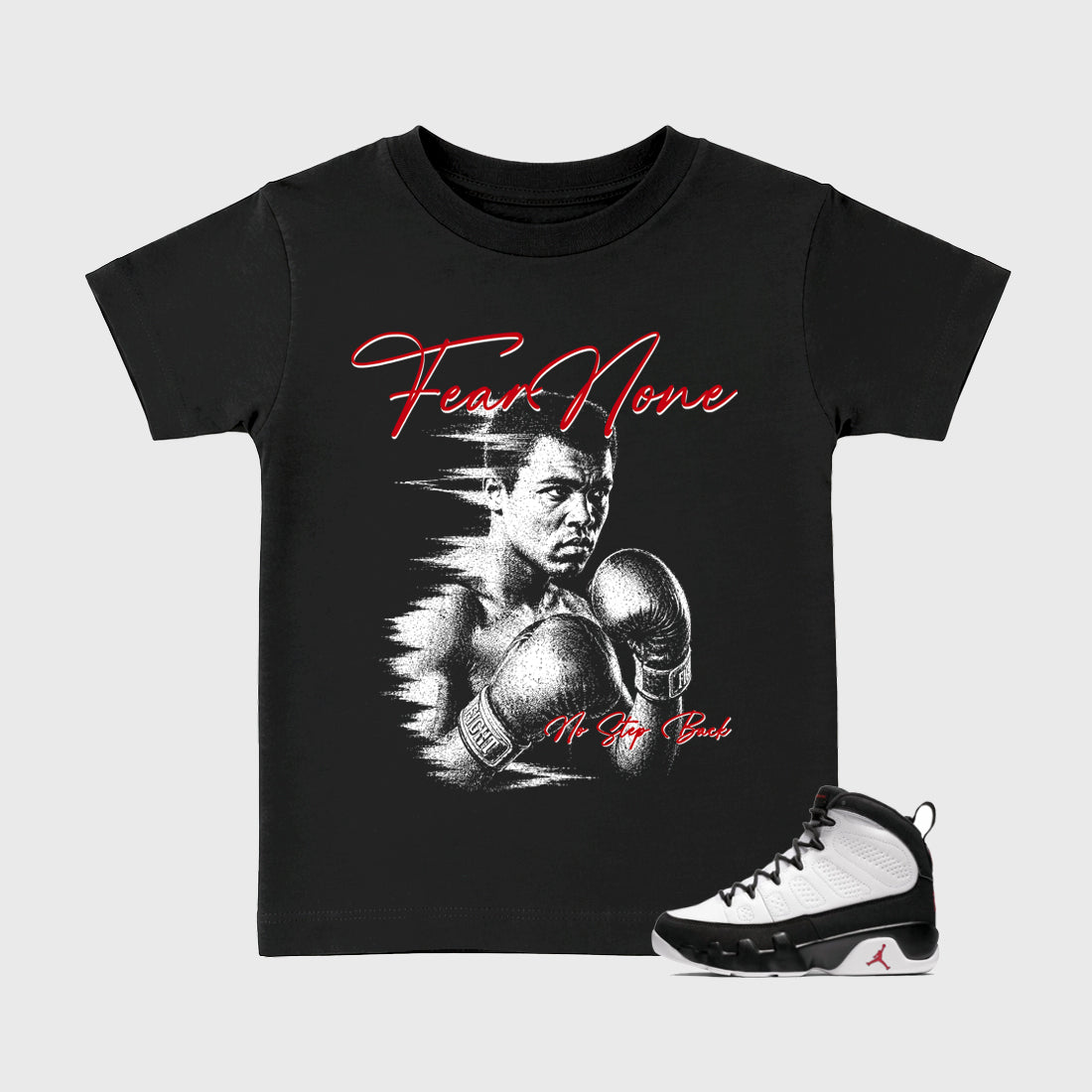 Fear None Baby & Kids Graphic T-Shirt featuring original artwork designed to match the Air Jordan 9 True Red. Black 1 Kids Graphic Tee.