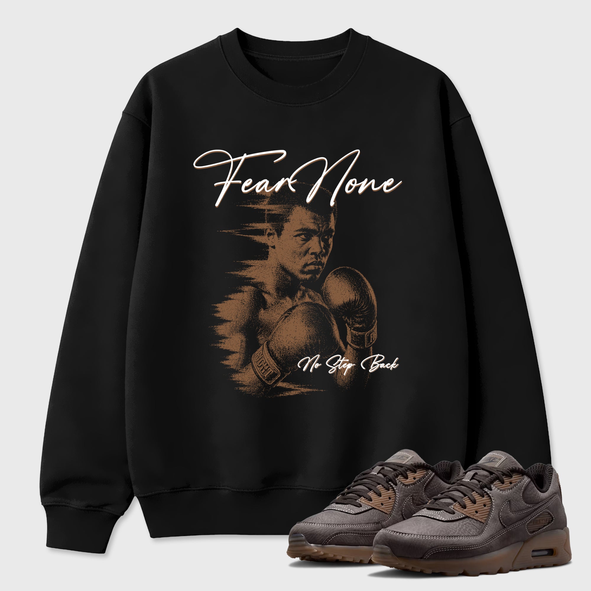 Fear None Graphic T-Shirt featuring original streetwear artwork designed to match the Air Max 90 Shadow Brown. Black 1 Graphic Tee.