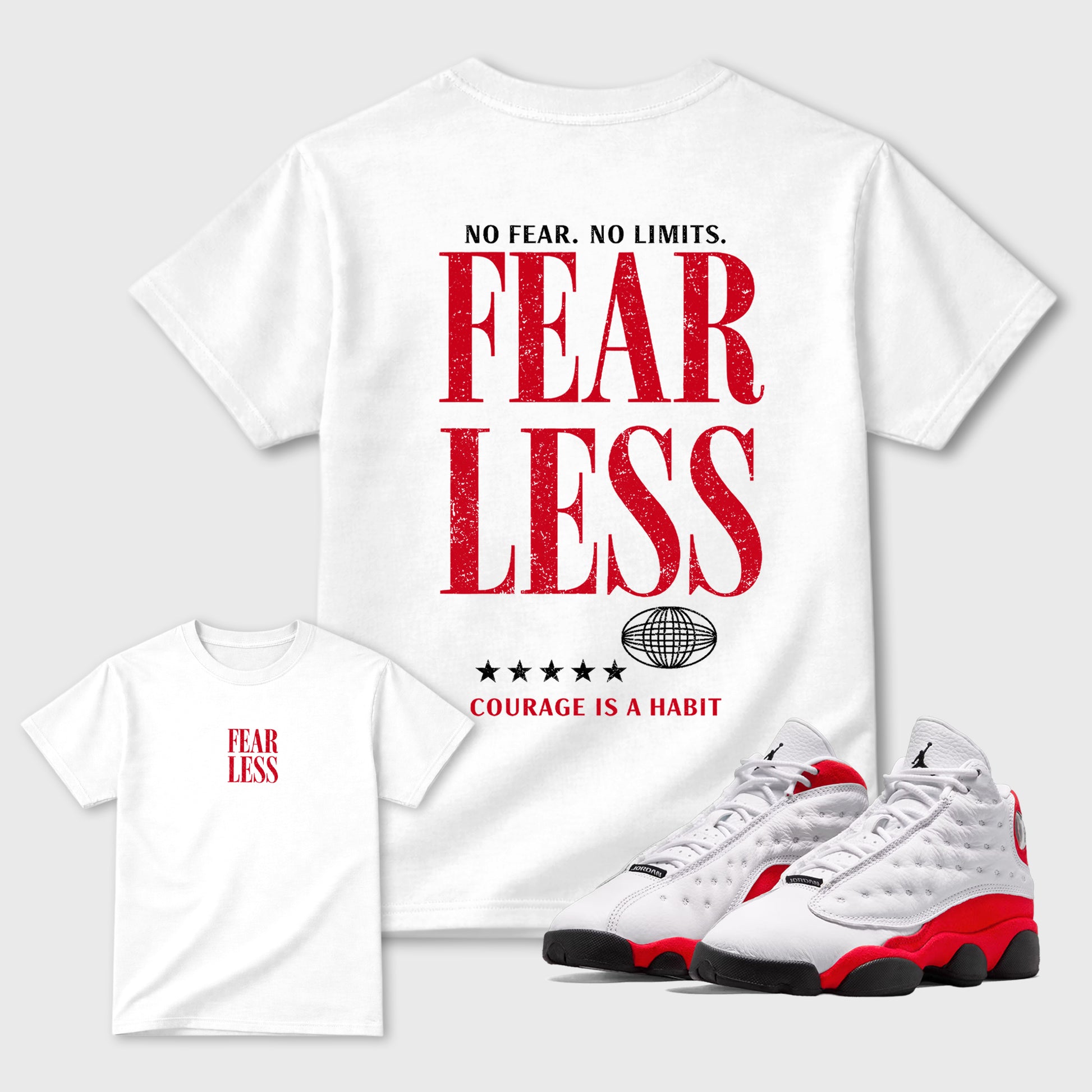 Fearless sneaker match t-shirt styled to complete your fit with the Air Jordan 13 University Red sneakers, shown in White.
