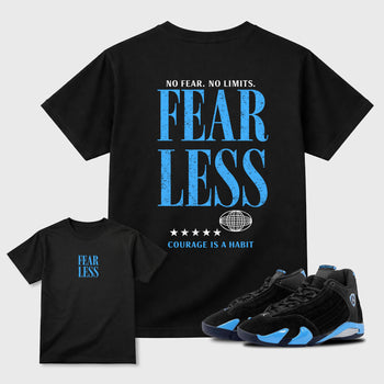 Fearless sneaker match t-shirt styled to complete your fit with the Air Jordan 14 University Blue sneakers, shown in Black.