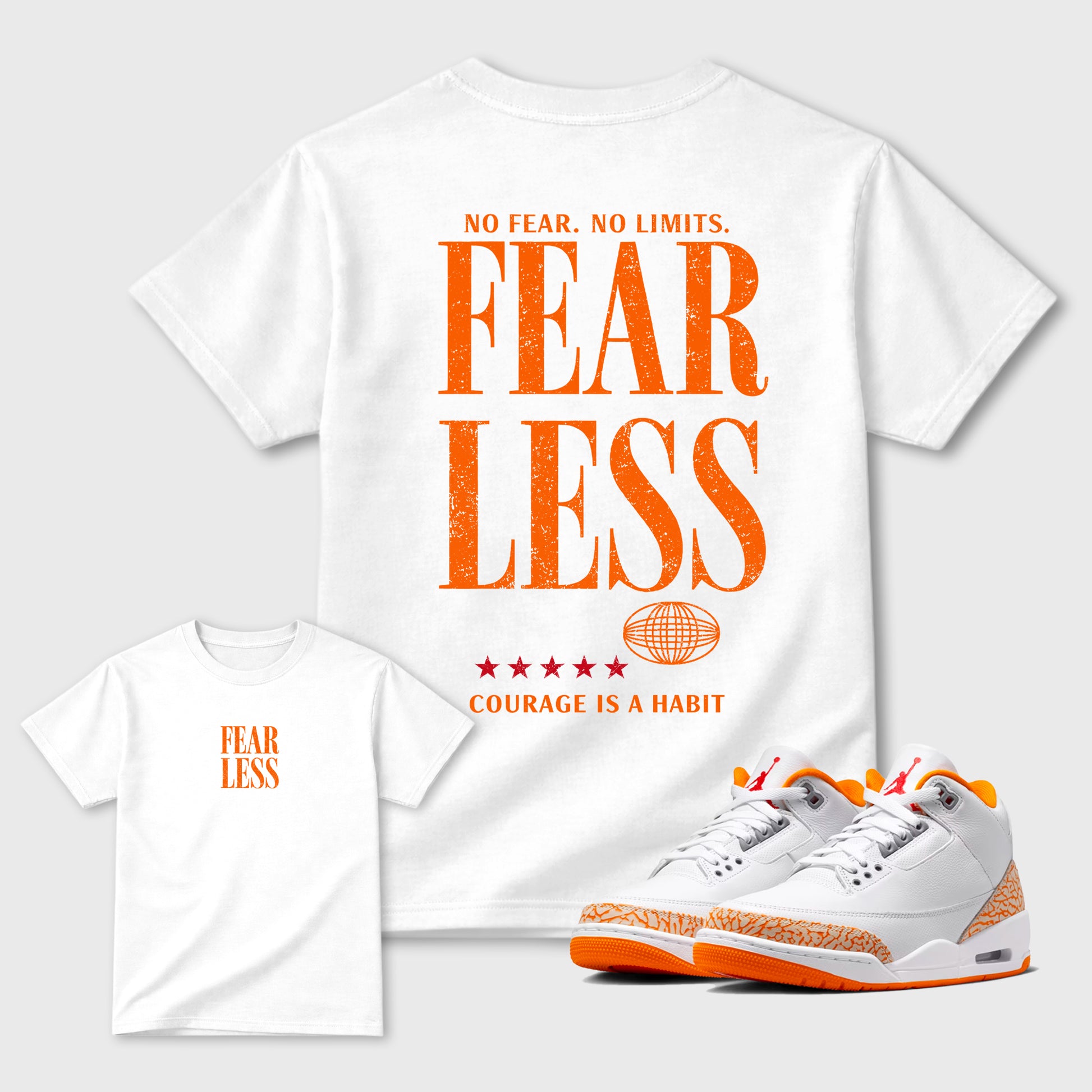 Fearless graphic t-shirt styled to complete your sneaker outfit with the Air Jordan 3 Orange Citrus sneakers, shown in White.