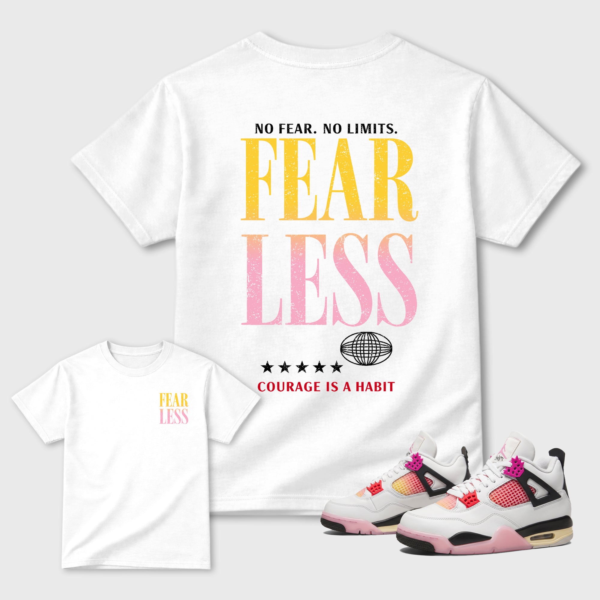 Fearless Graphic T-Shirt featuring original streetwear artwork designed to match the Air Jordan 4 Comic. White Graphic T-Shirt.