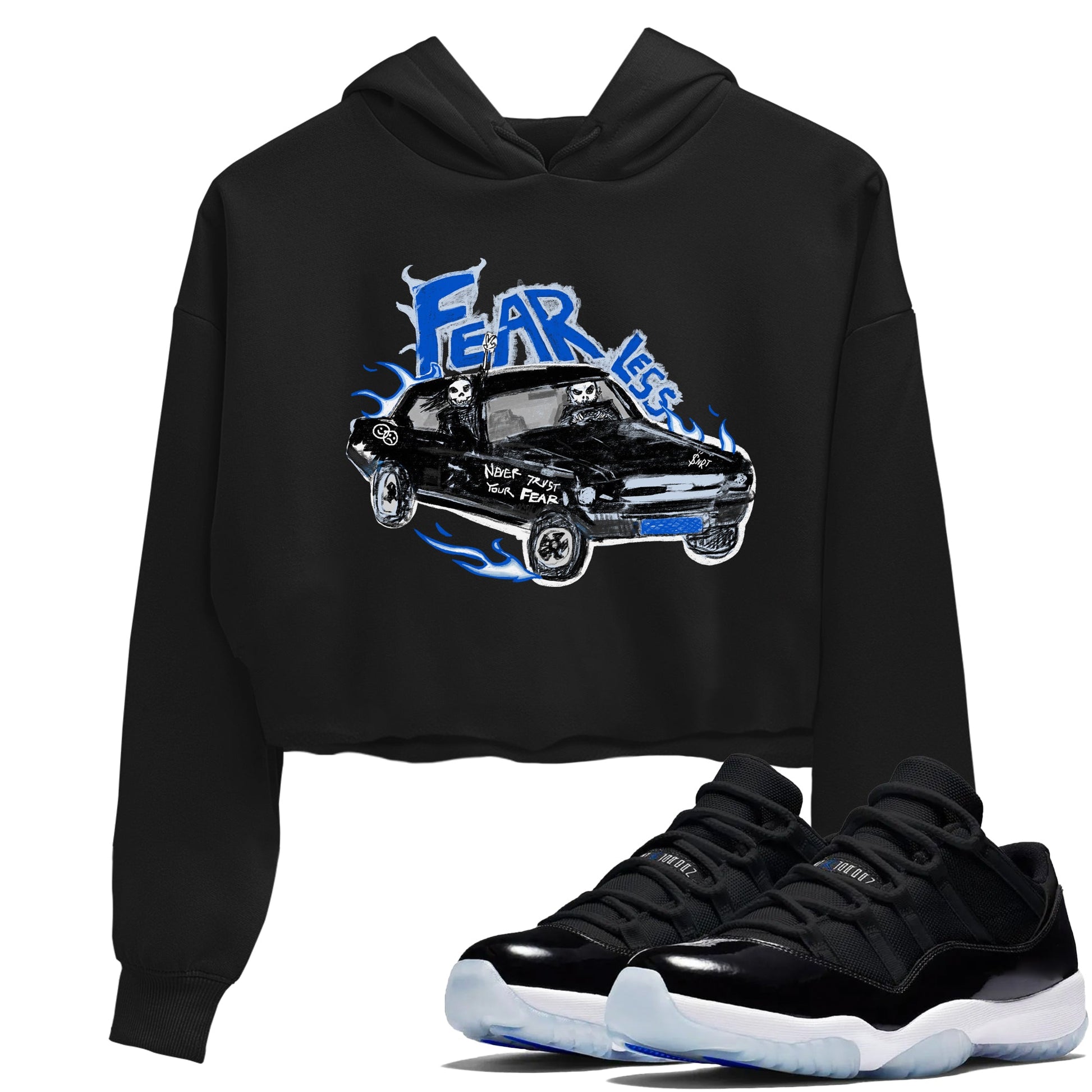 11s Low Space shirt to match jordans Fearless Car sneaker tees Air Jordan 11 Low Space SNRT Sneaker Release Tees Black 1 crop length shirt