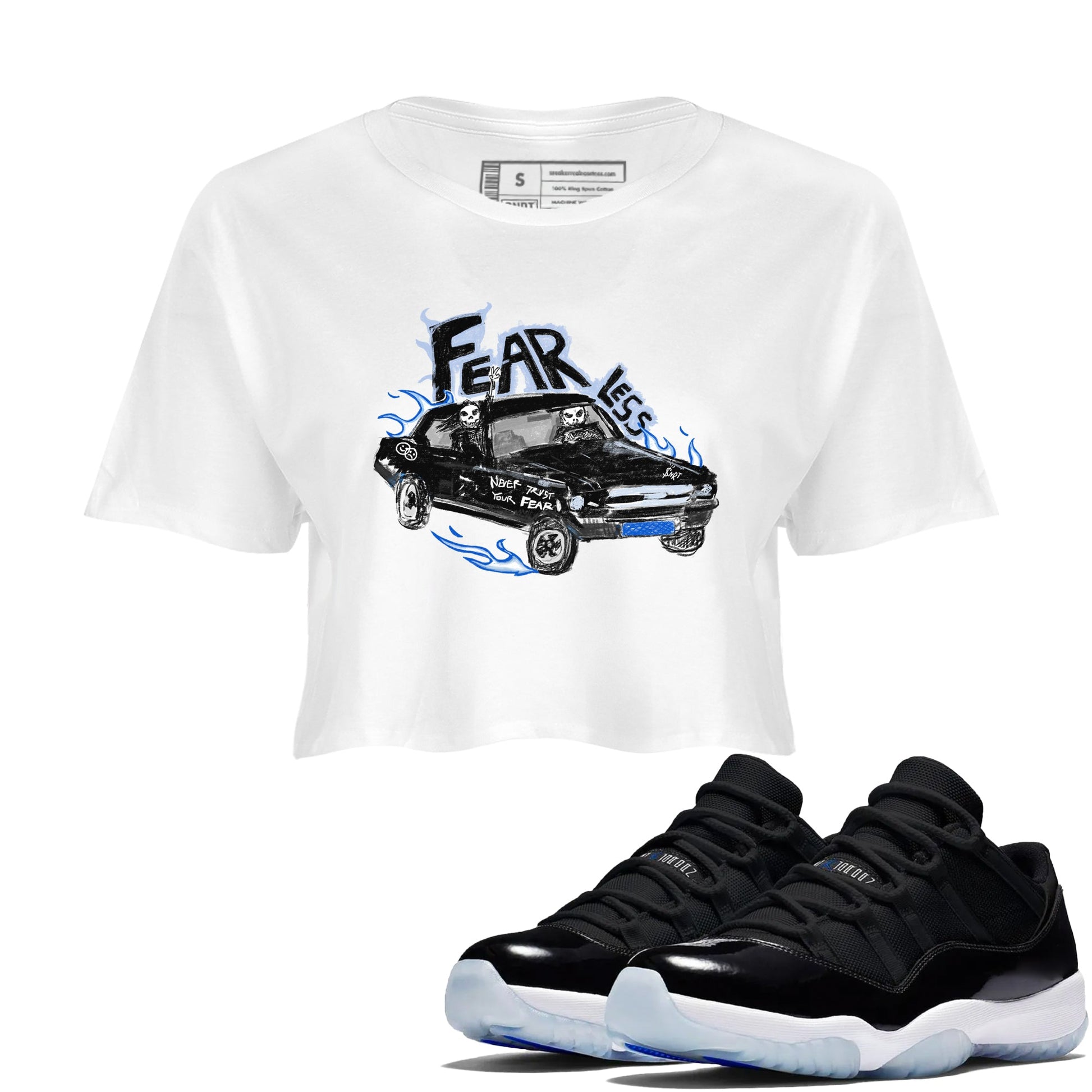 11s Low Space shirt to match jordans Fearless Car sneaker tees Air Jordan 11 Low Space SNRT Sneaker Release Tees White 1 crop length shirt