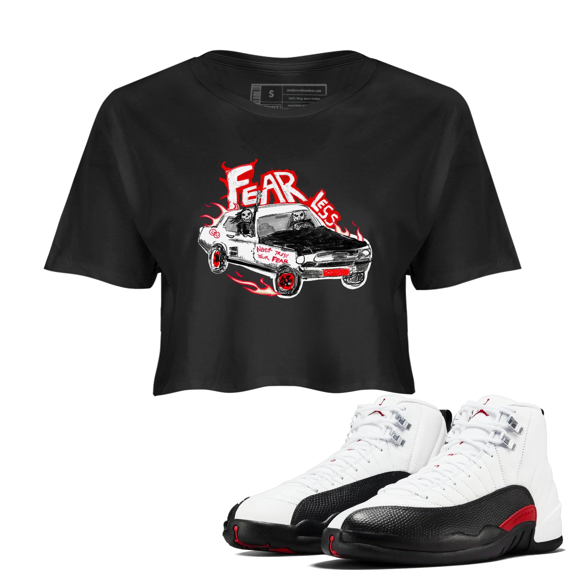 Air Jordan 12 Red Taxi shirts to match jordans Fearless Car sneaker match tees 12s Red Taxi SNRT sneaker release Tees Black 1 crop length shirt