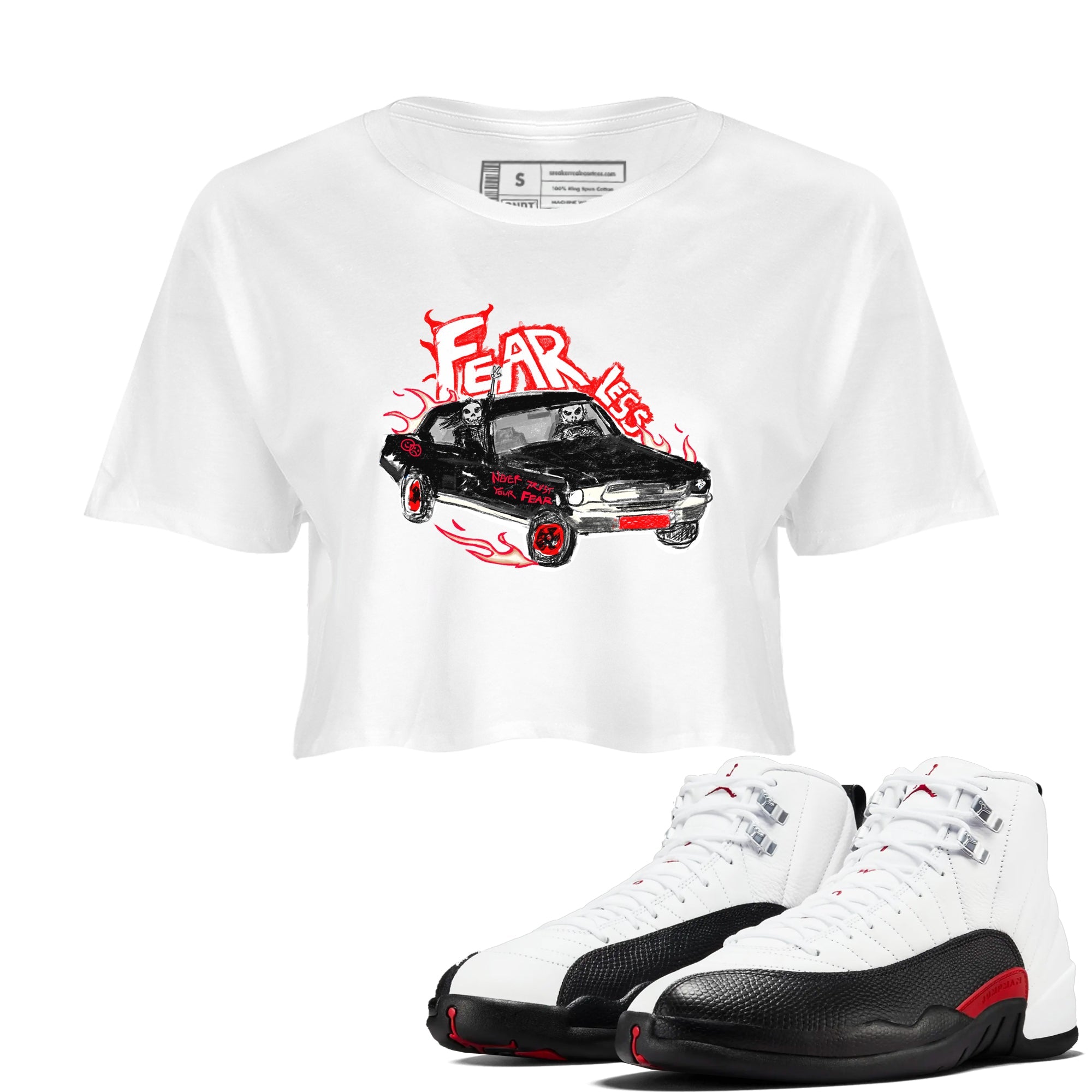 Air Jordan 12 Red Taxi shirts to match jordans Fearless Car sneaker match tees 12s Red Taxi SNRT sneaker release Tees White 1 crop length shirt