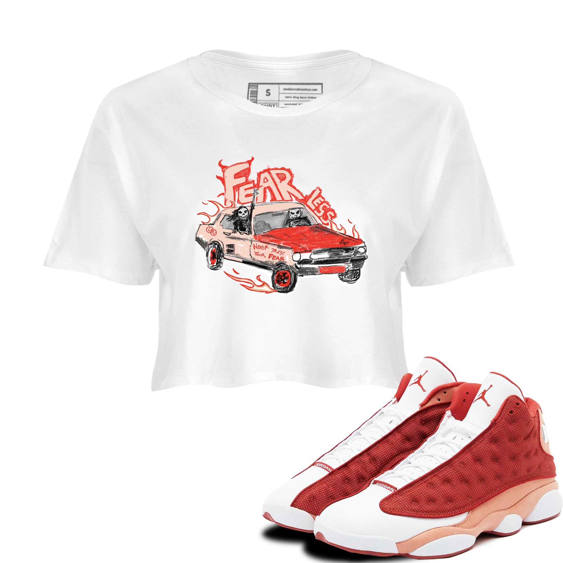 13s Dune Red shirts to match jordans Fearless Car sneaker match tees Air Jordan 13 Dune Red SNRT Sneaker Tees streetwear brand White 1 crop tee