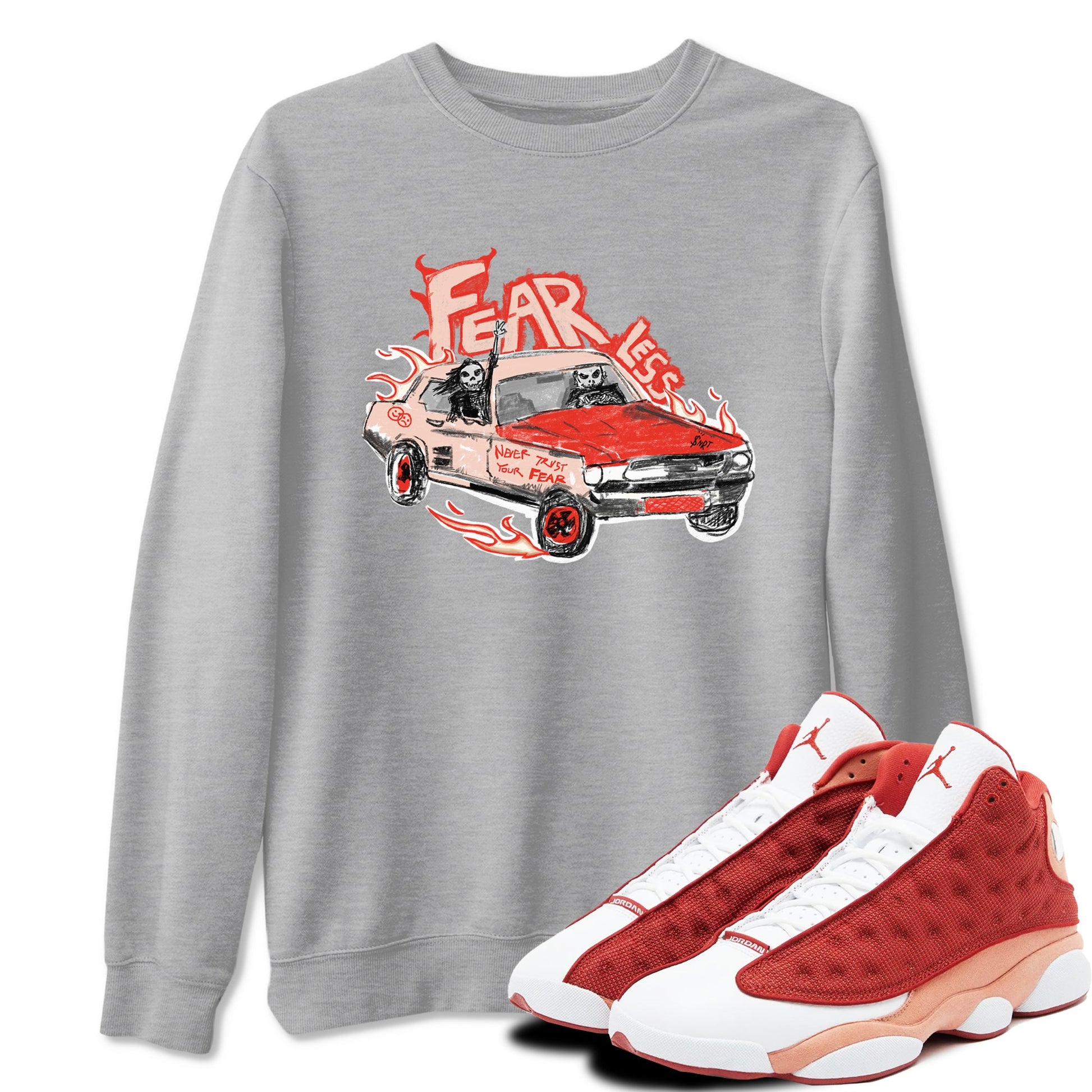 13s Dune Red shirts to match jordans Fearless Car sneaker match tees Air Jordan 13 Dune Red SNRT Sneaker Tees streetwear brand Heather Grey 1 unisex cotton tee