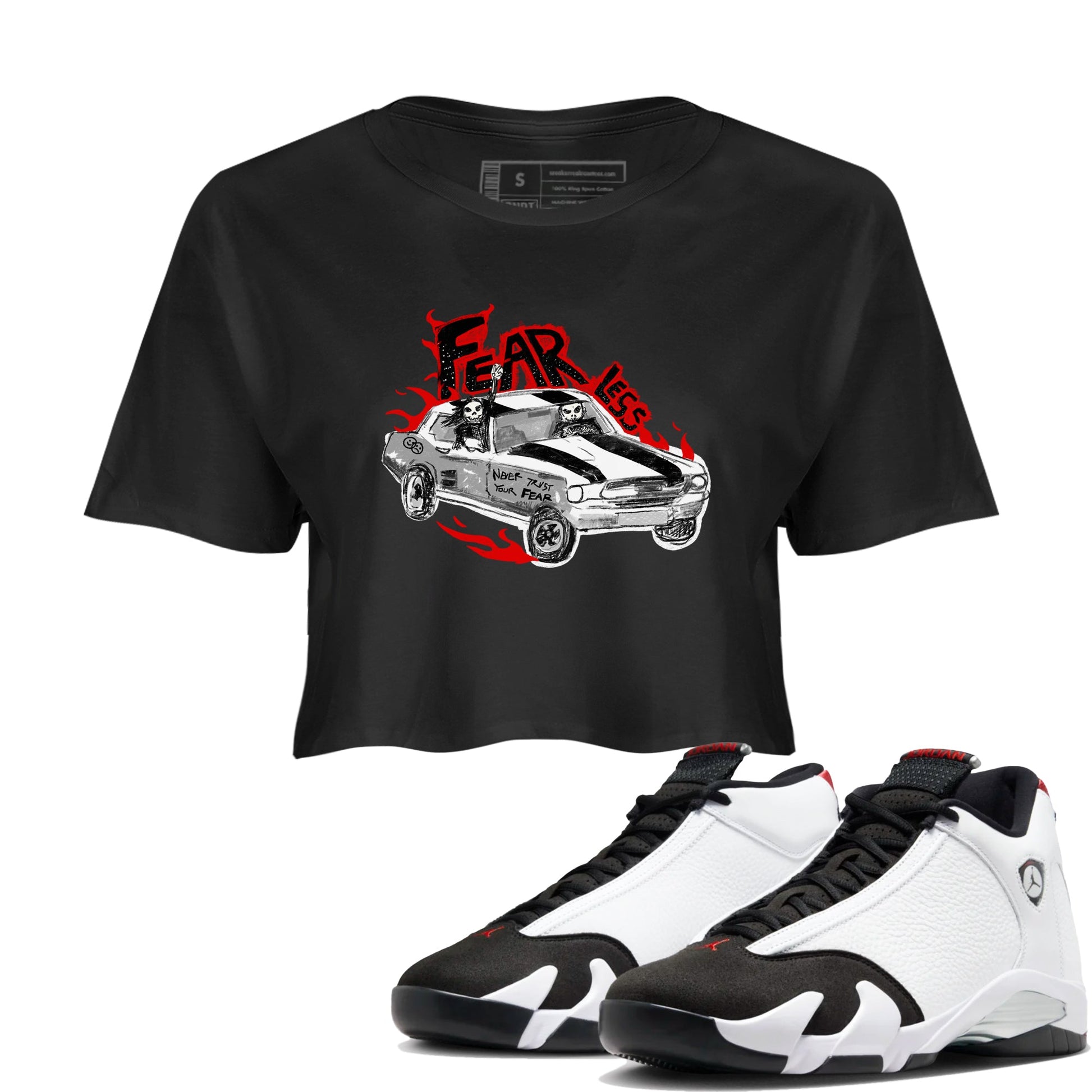 14s Black Toe t shirts to match sneakers Fearless Car sneaker match tees Air Jordan 14 Black Toe shirt SNRT Sneaker Tees unisex cotton Black 1 crop tee