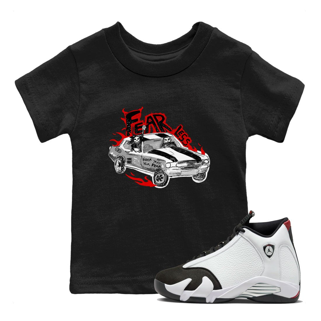 14s Black Toe t shirts to match sneakers Fearless Car sneaker match tees Air Jordan 14 Black Toe shirt SNRT Sneaker Tees Youth Baby Black 1 tee