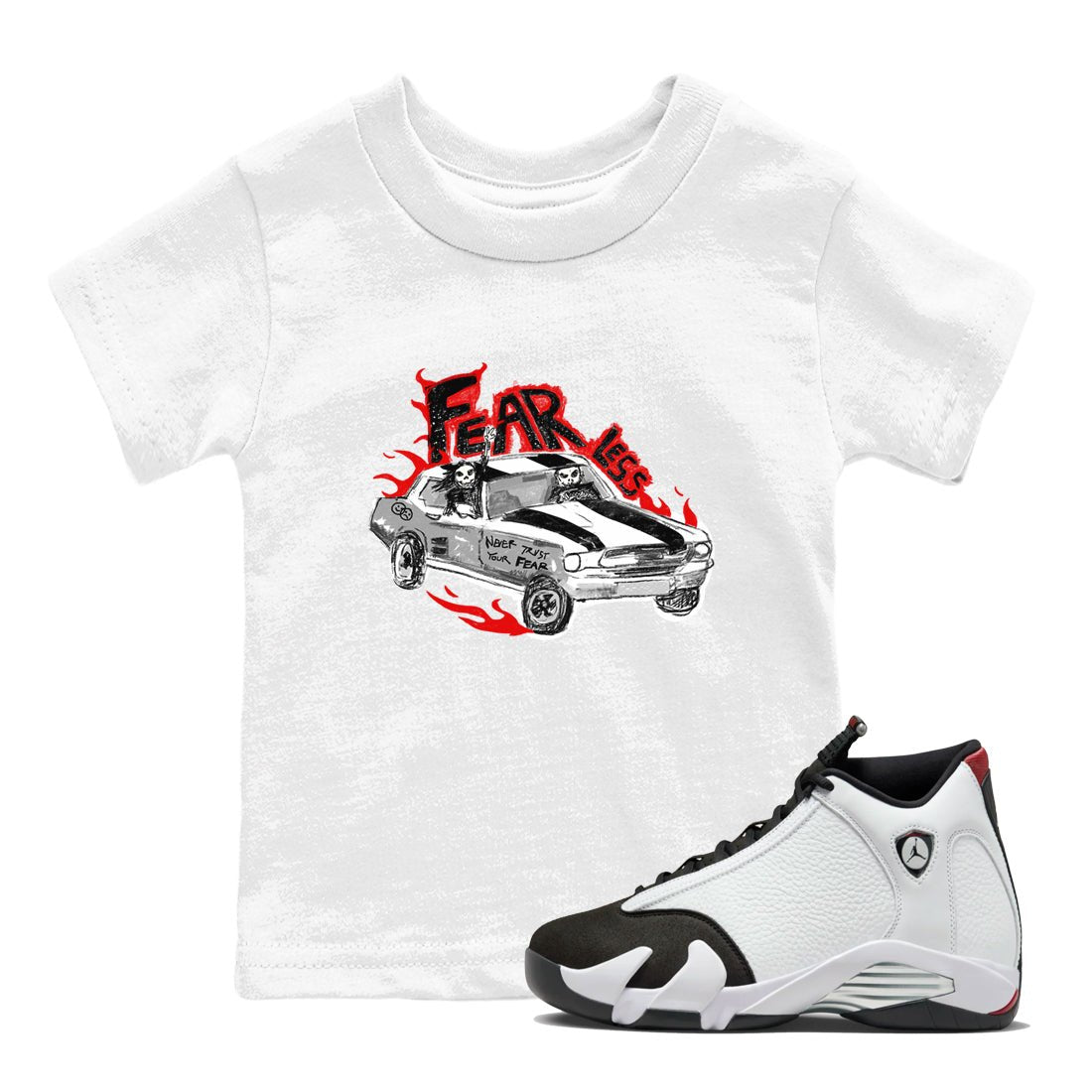 14s Black Toe t shirts to match sneakers Fearless Car sneaker match tees Air Jordan 14 Black Toe shirt SNRT Sneaker Tees Youth Baby White 1 tee