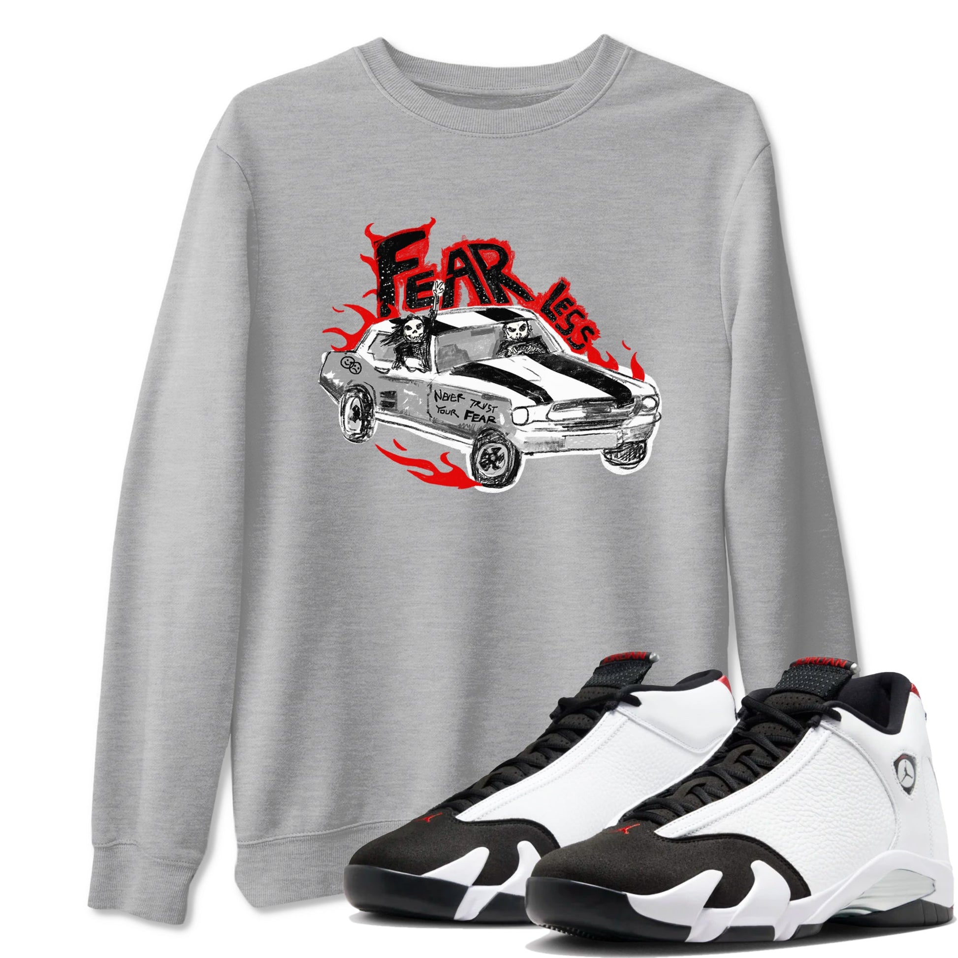 14s Black Toe t shirts to match sneakers Fearless Car sneaker match tees Air Jordan 14 Black Toe shirt SNRT Sneaker Tees unisex cotton Heather Grey 1 shirts