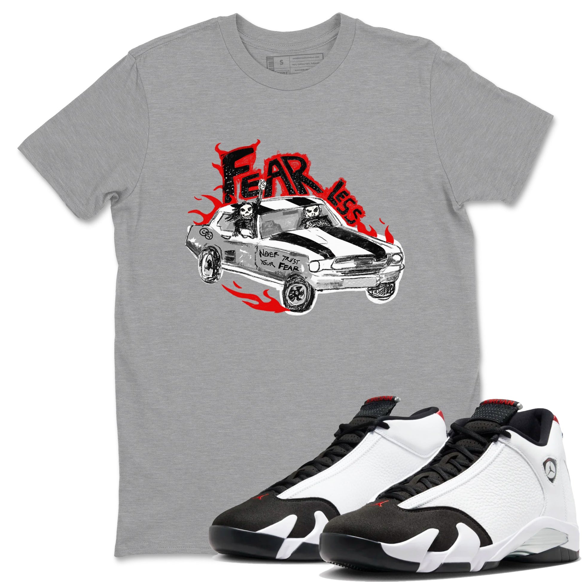 14s Black Toe t shirts to match sneakers Fearless Car sneaker match tees Air Jordan 14 Black Toe shirt SNRT Sneaker Tees unisex cotton Heather Grey 1 shirts
