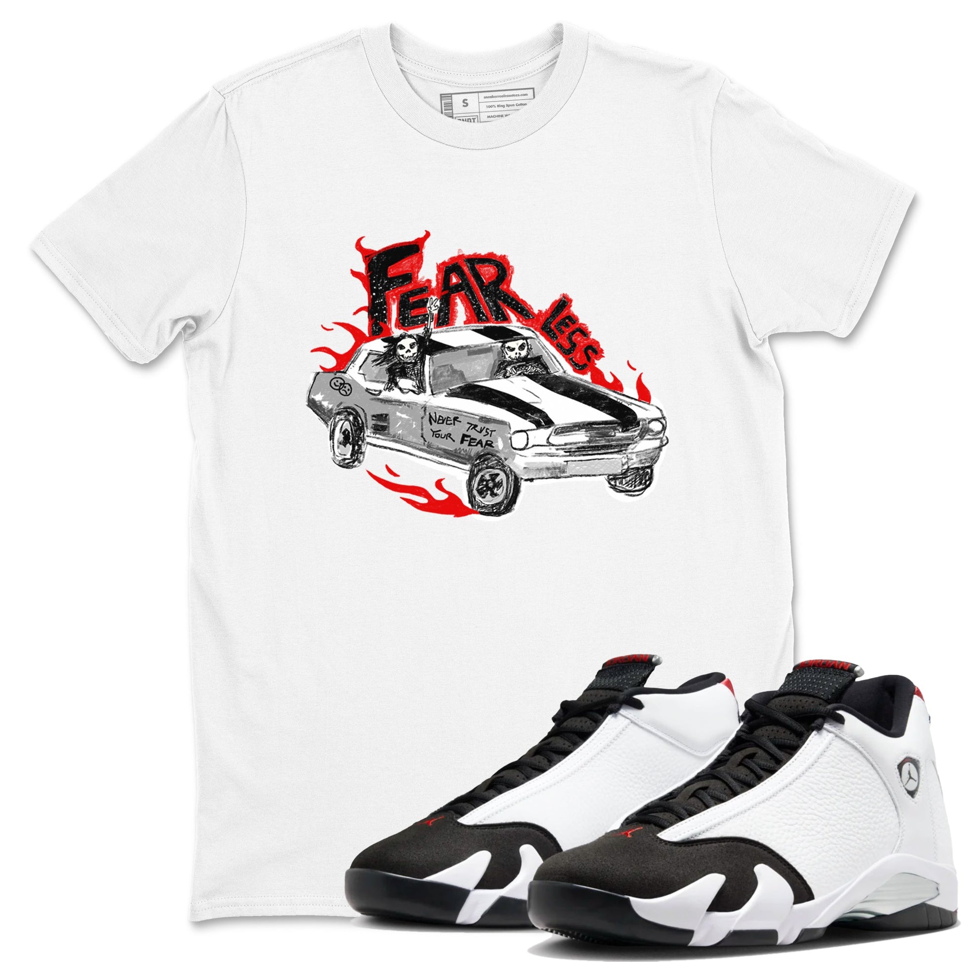 14s Black Toe t shirts to match sneakers Fearless Car sneaker match tees Air Jordan 14 Black Toe shirt SNRT Sneaker Tees unisex cotton White 1 shirts