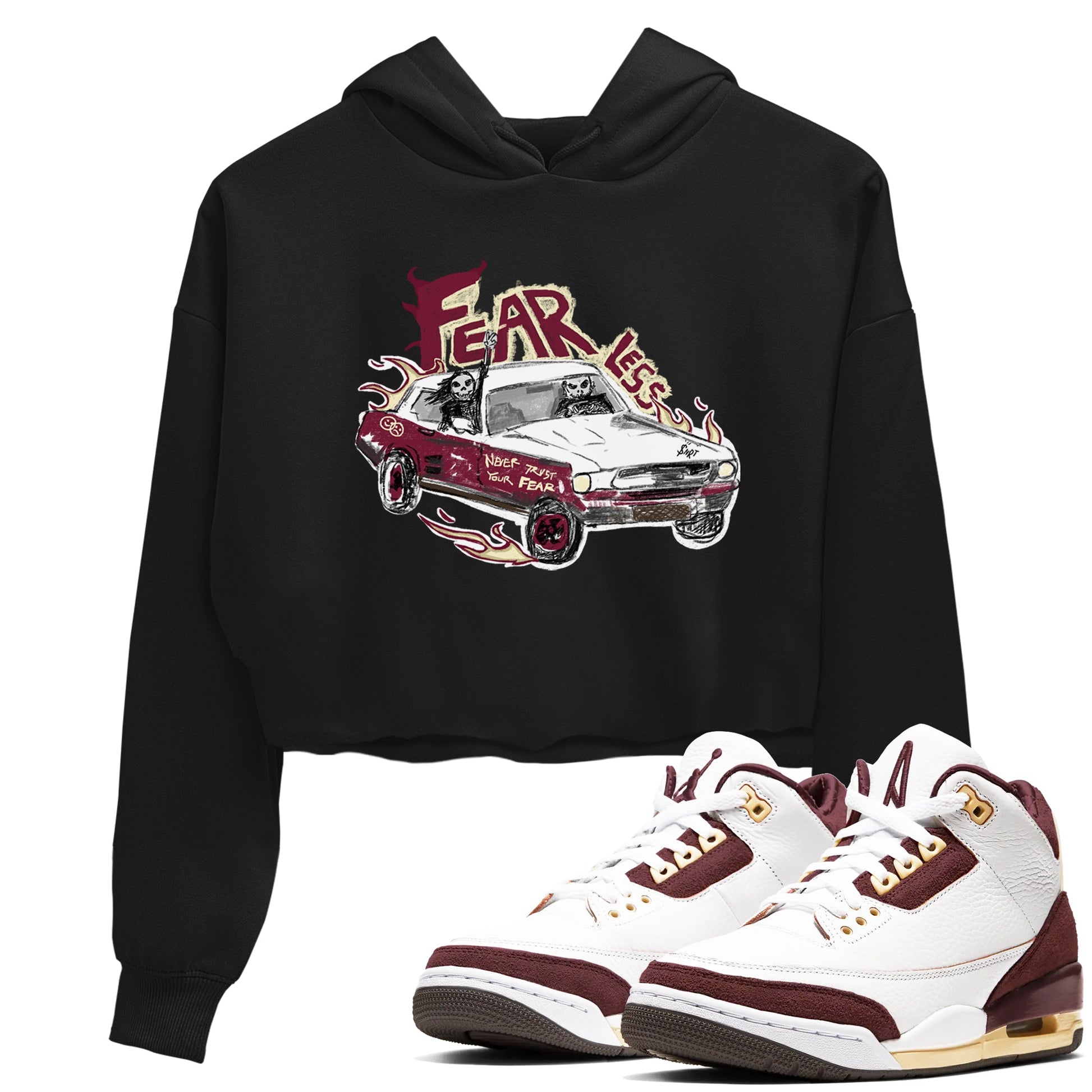 AJ3 A Ma Maniere x Burgundy Crush shirts to match jordans Fearless Car sneaker match tees A Ma Maniére x Air Jordan 3 "Burgundy Crush" SNRT Sneaker Tees streetwear brand Black 1 crop tee
