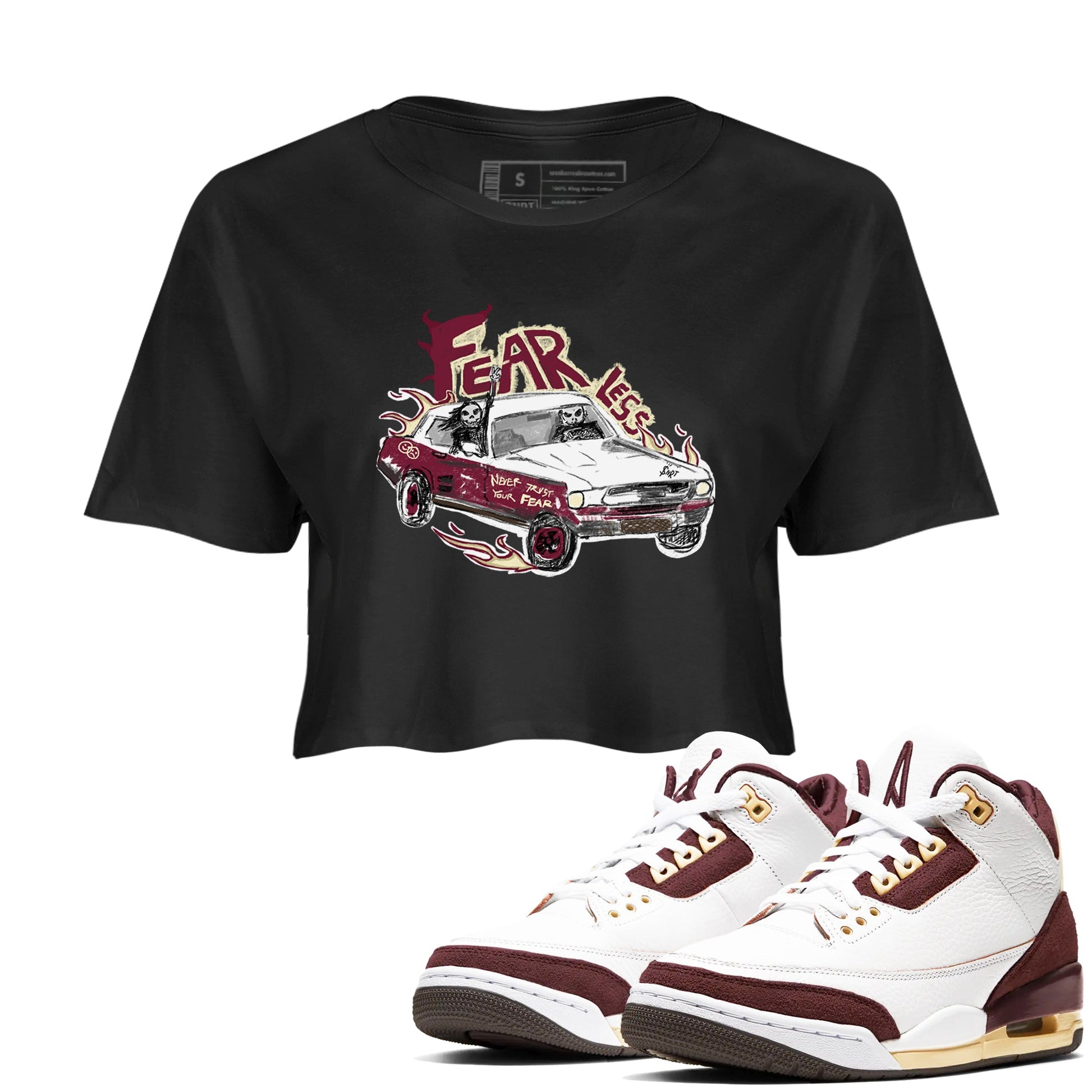 AJ3 A Ma Maniere x Burgundy Crush shirts to match jordans Fearless Car sneaker match tees A Ma Maniére x Air Jordan 3 "Burgundy Crush" SNRT Sneaker Tees streetwear brand Black 1 crop tee