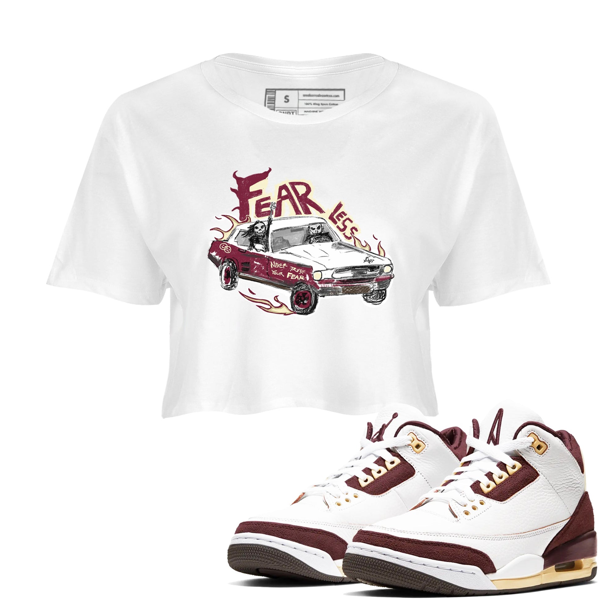 AJ3 A Ma Maniere x Burgundy Crush shirts to match jordans Fearless Car sneaker match tees A Ma Maniére x Air Jordan 3 "Burgundy Crush" SNRT Sneaker Tees streetwear brand White 1 crop tee