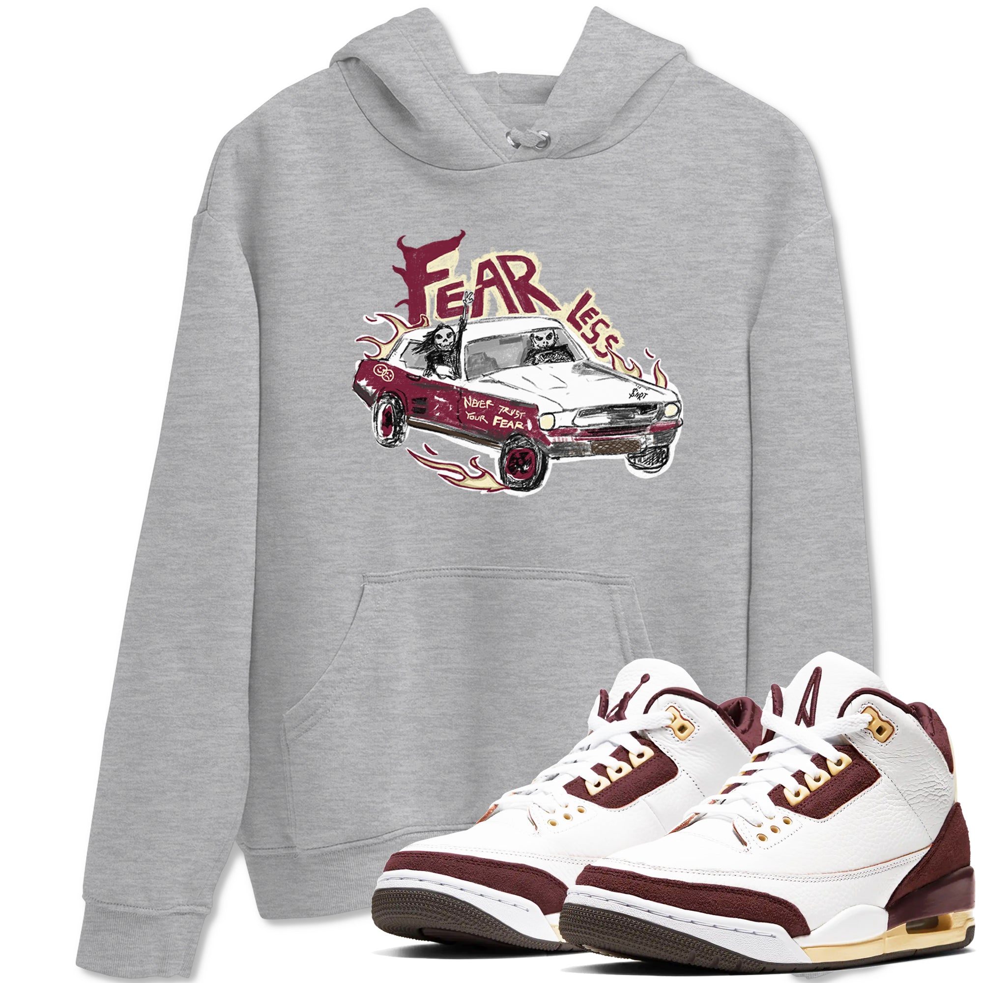 AJ3 A Ma Maniere x Burgundy Crush shirts to match jordans Fearless Car sneaker match tees A Ma Maniére x Air Jordan 3 "Burgundy Crush" SNRT Sneaker Tees streetwear brand Heather Grey 1 unisex cotton tee