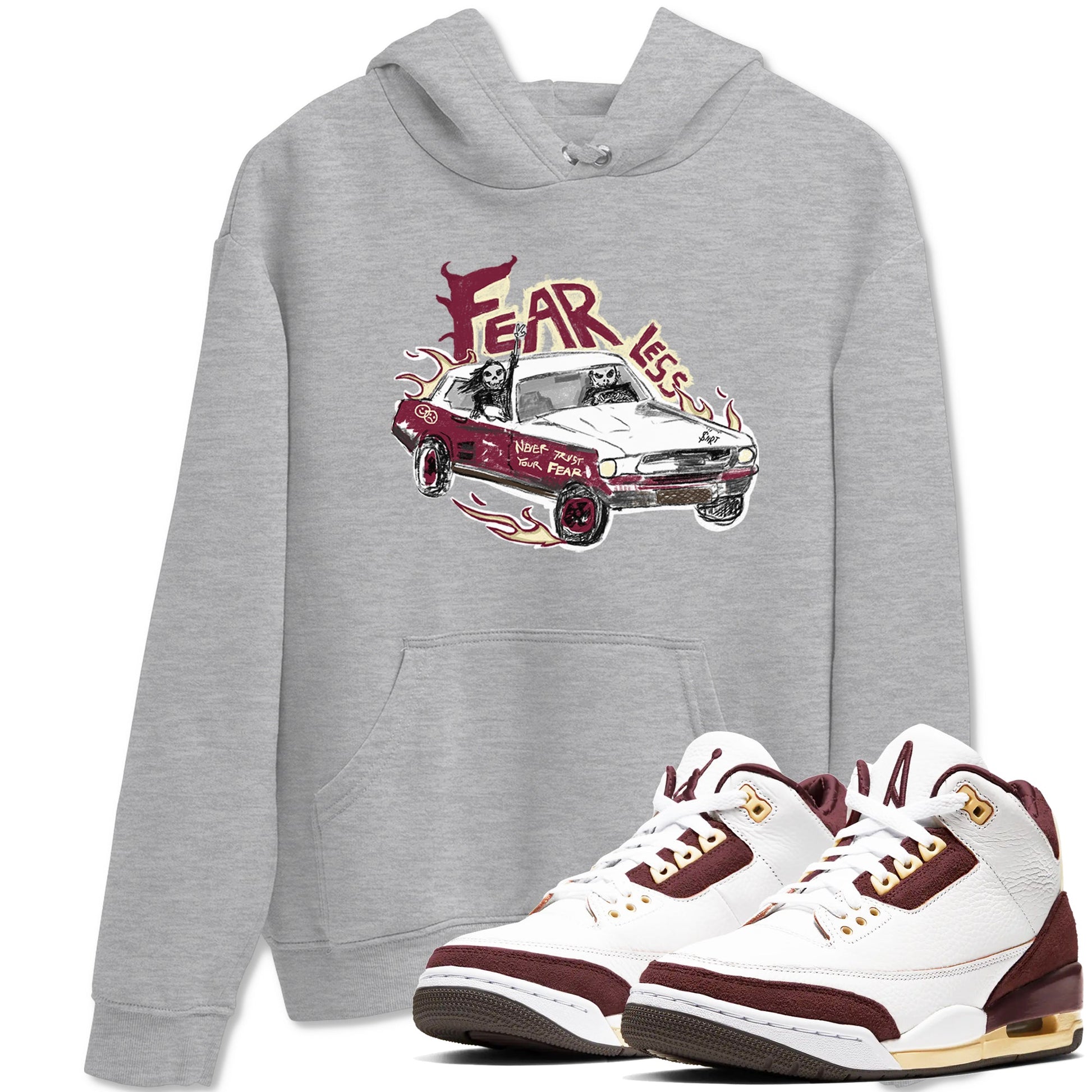 AJ3 A Ma Maniere x Burgundy Crush shirts to match jordans Fearless Car sneaker match tees A Ma Maniére x Air Jordan 3 "Burgundy Crush" SNRT Sneaker Tees streetwear brand Heather Grey 1 unisex cotton tee