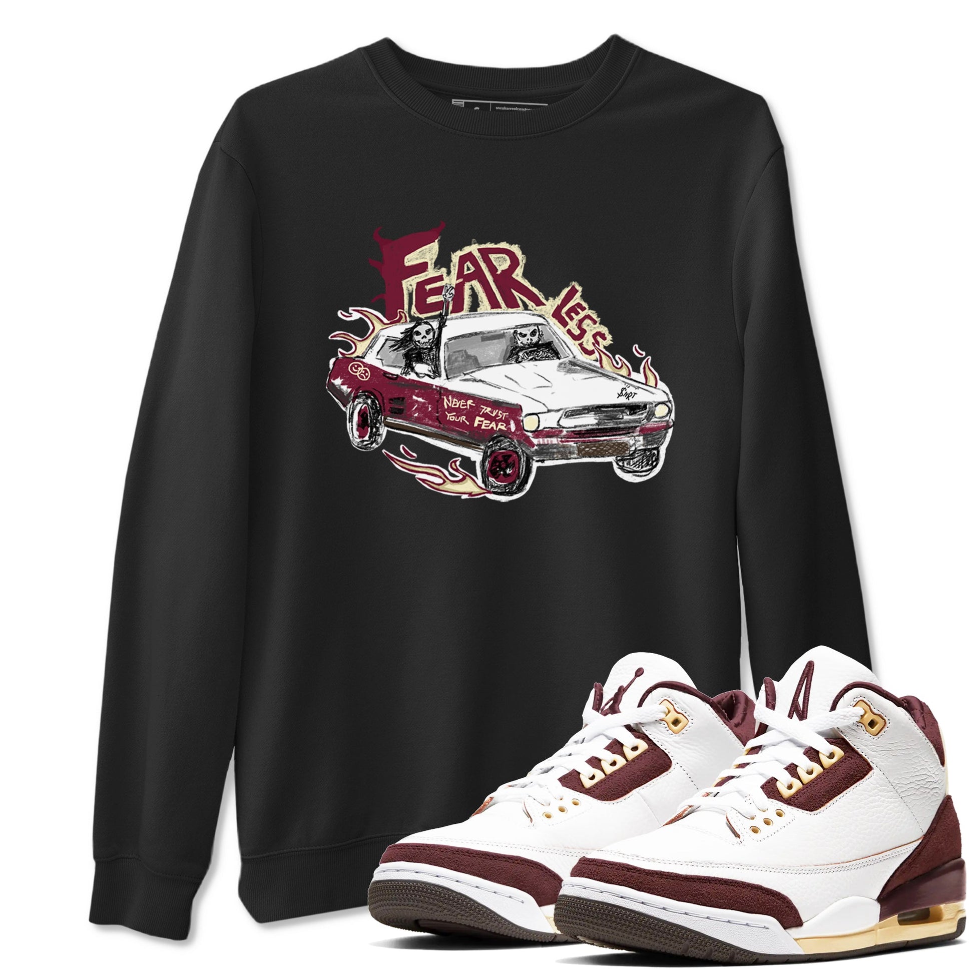 AJ3 A Ma Maniere x Burgundy Crush shirts to match jordans Fearless Car sneaker match tees A Ma Maniére x Air Jordan 3 "Burgundy Crush" SNRT Sneaker Tees streetwear brand Black 1 unisex cotton tee