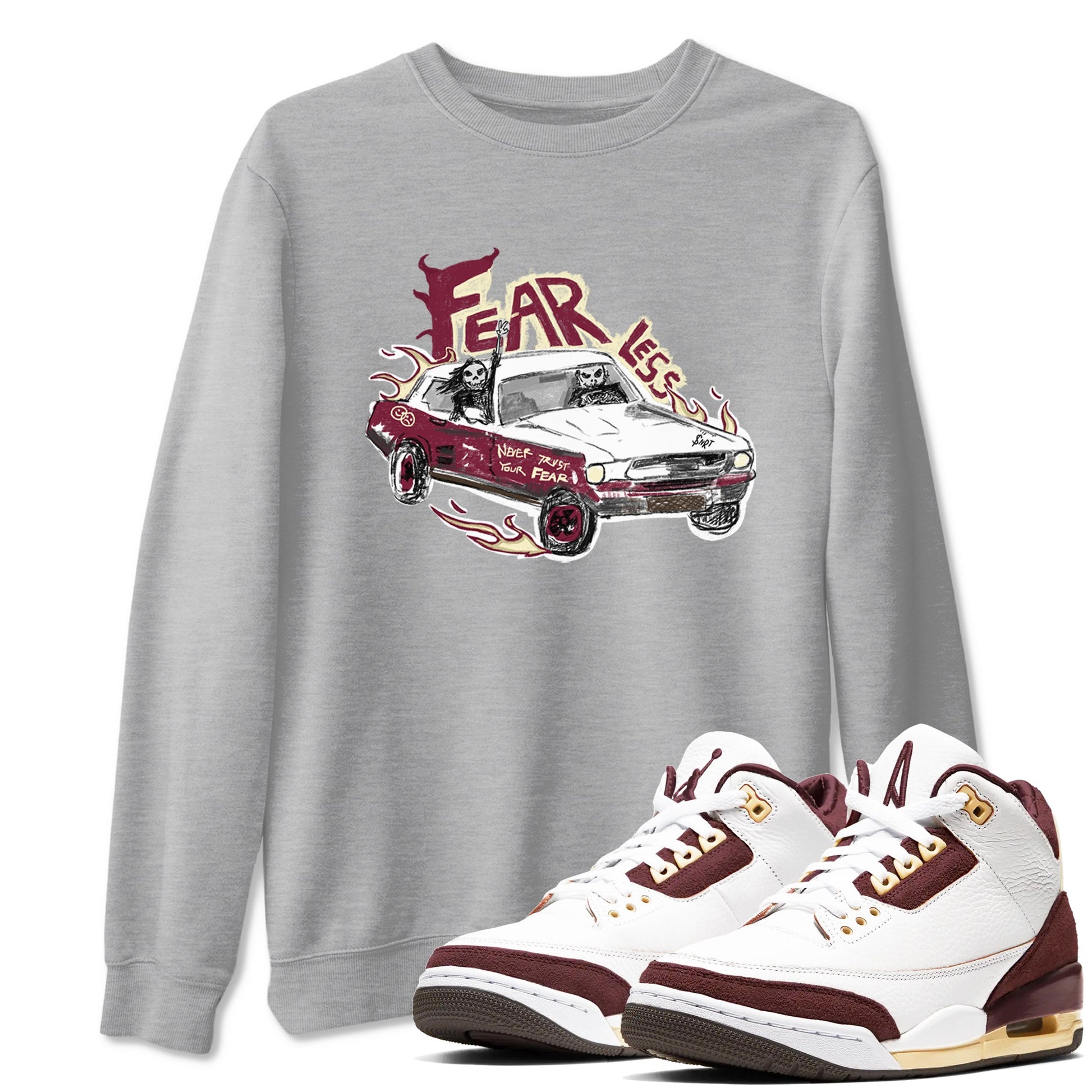 AJ3 A Ma Maniere x Burgundy Crush shirts to match jordans Fearless Car sneaker match tees A Ma Maniére x Air Jordan 3 "Burgundy Crush" SNRT Sneaker Tees streetwear brand Heather Grey 1 unisex cotton tee