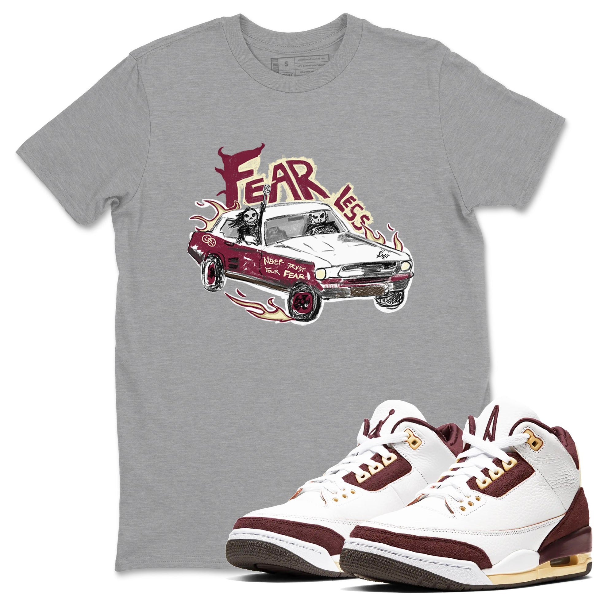 AJ3 A Ma Maniere x Burgundy Crush shirts to match jordans Fearless Car sneaker match tees A Ma Maniére x Air Jordan 3 "Burgundy Crush" SNRT Sneaker Tees streetwear brand Heather Grey 1 unisex cotton tee
