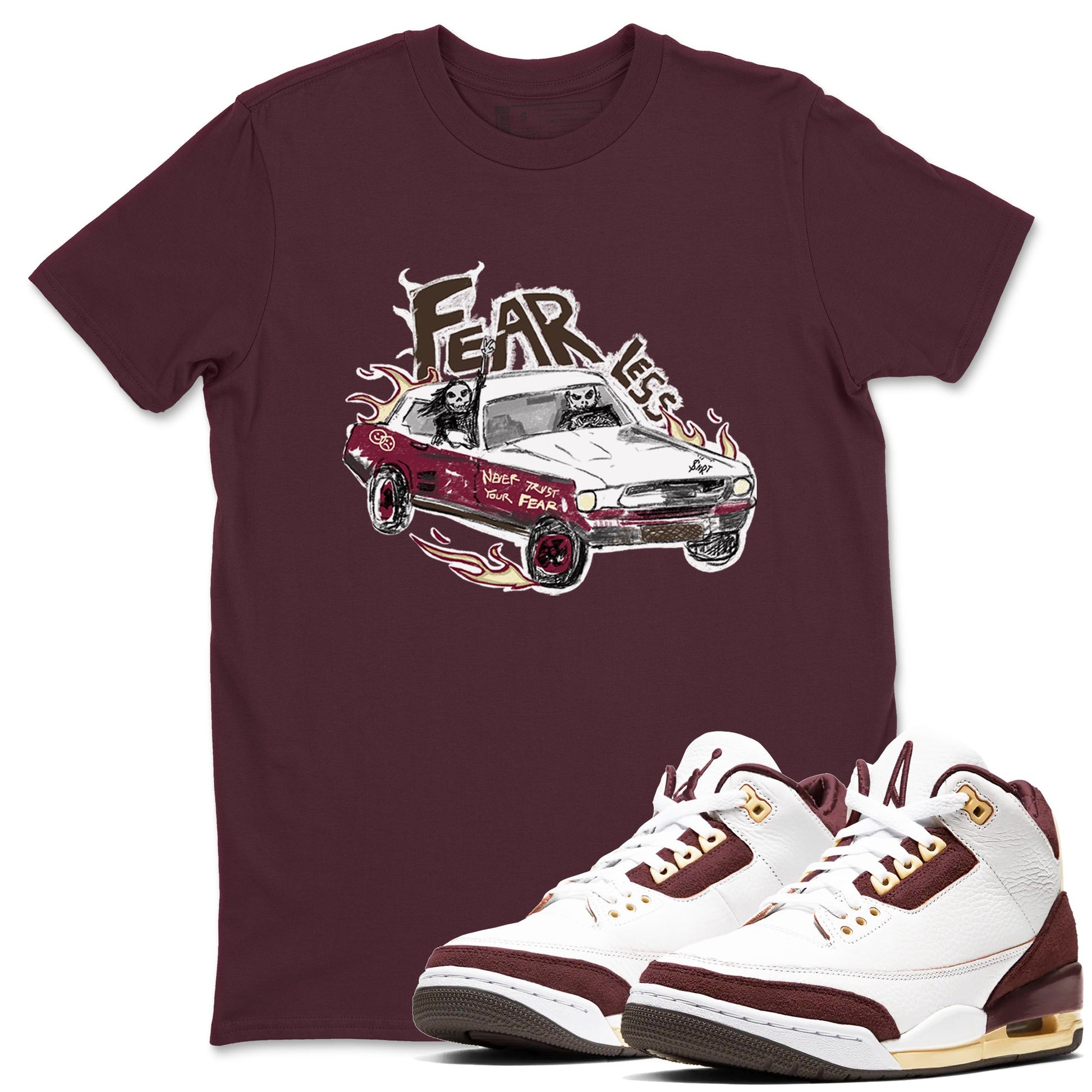 AJ3 A Ma Maniere x Burgundy Crush shirts to match jordans Fearless Car sneaker match tees A Ma Maniére x Air Jordan 3 "Burgundy Crush" SNRT Sneaker Tees streetwear brand Maroon 1 unisex cotton tee